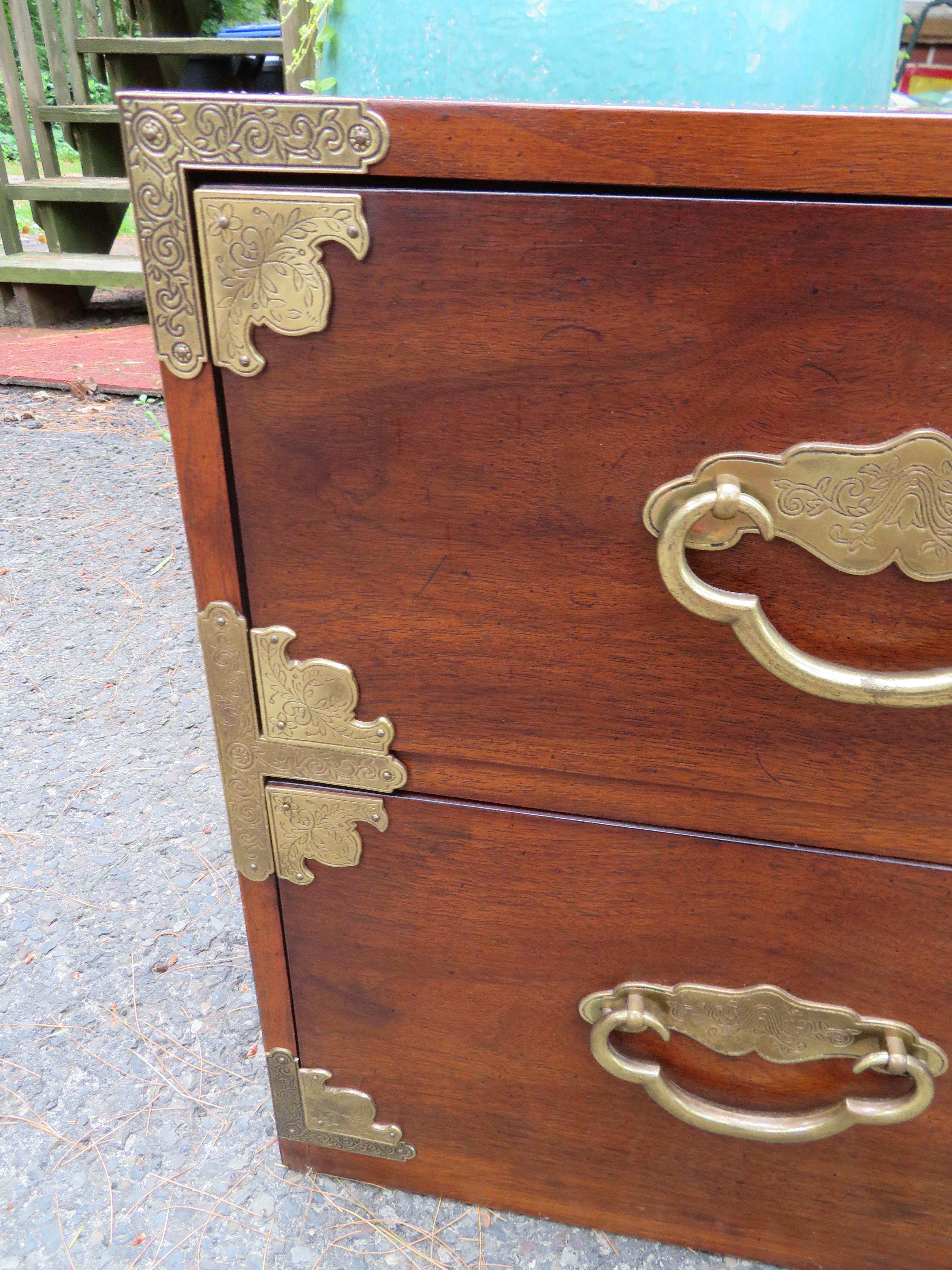 Late 20th Century Handsome Pair of Henredon Asian Campaign Bachelors Chest, Mid-Century Modern