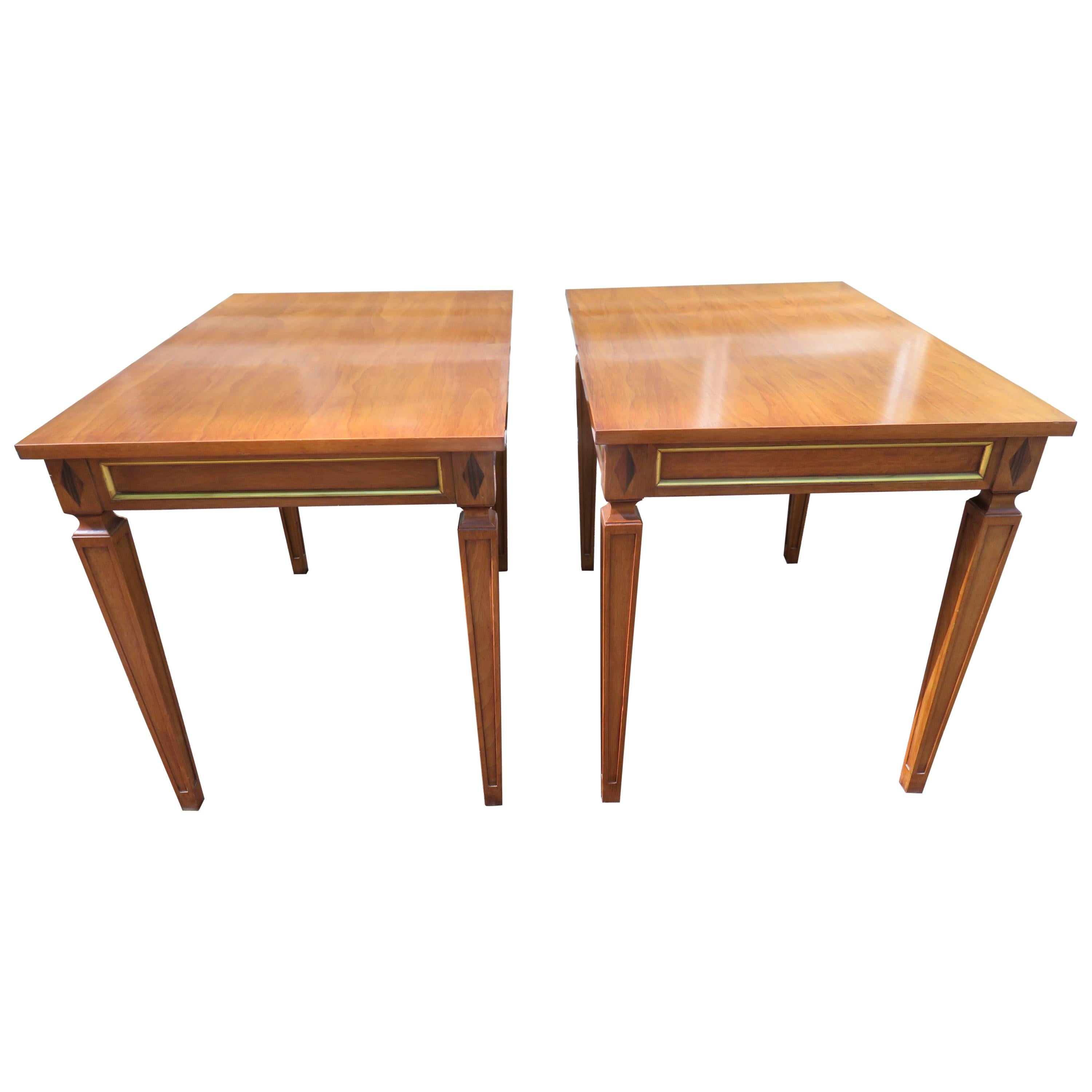 Handsome Pair of Maison Jansen Style Walnut Side End Table Hollywood Regency