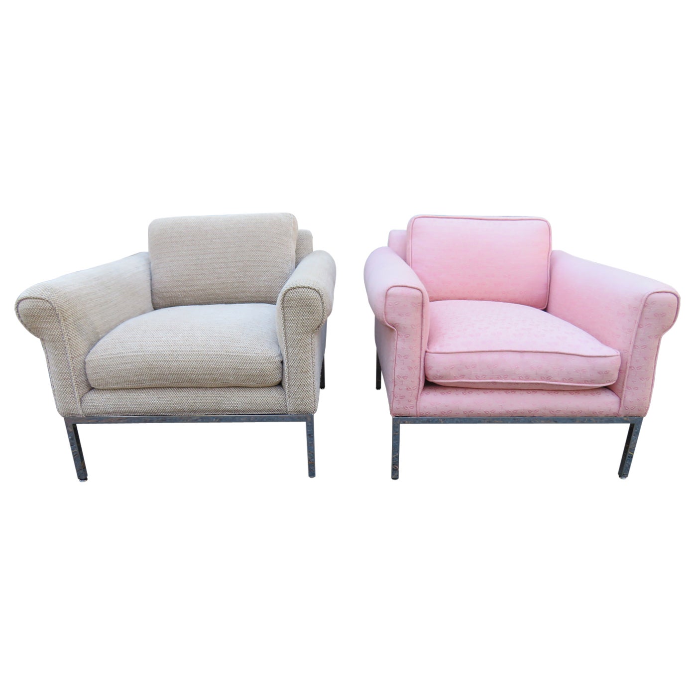 Handsome Pair Milo Baughman Attributed Rolled Arm Cube Chrome Lounge Chair
