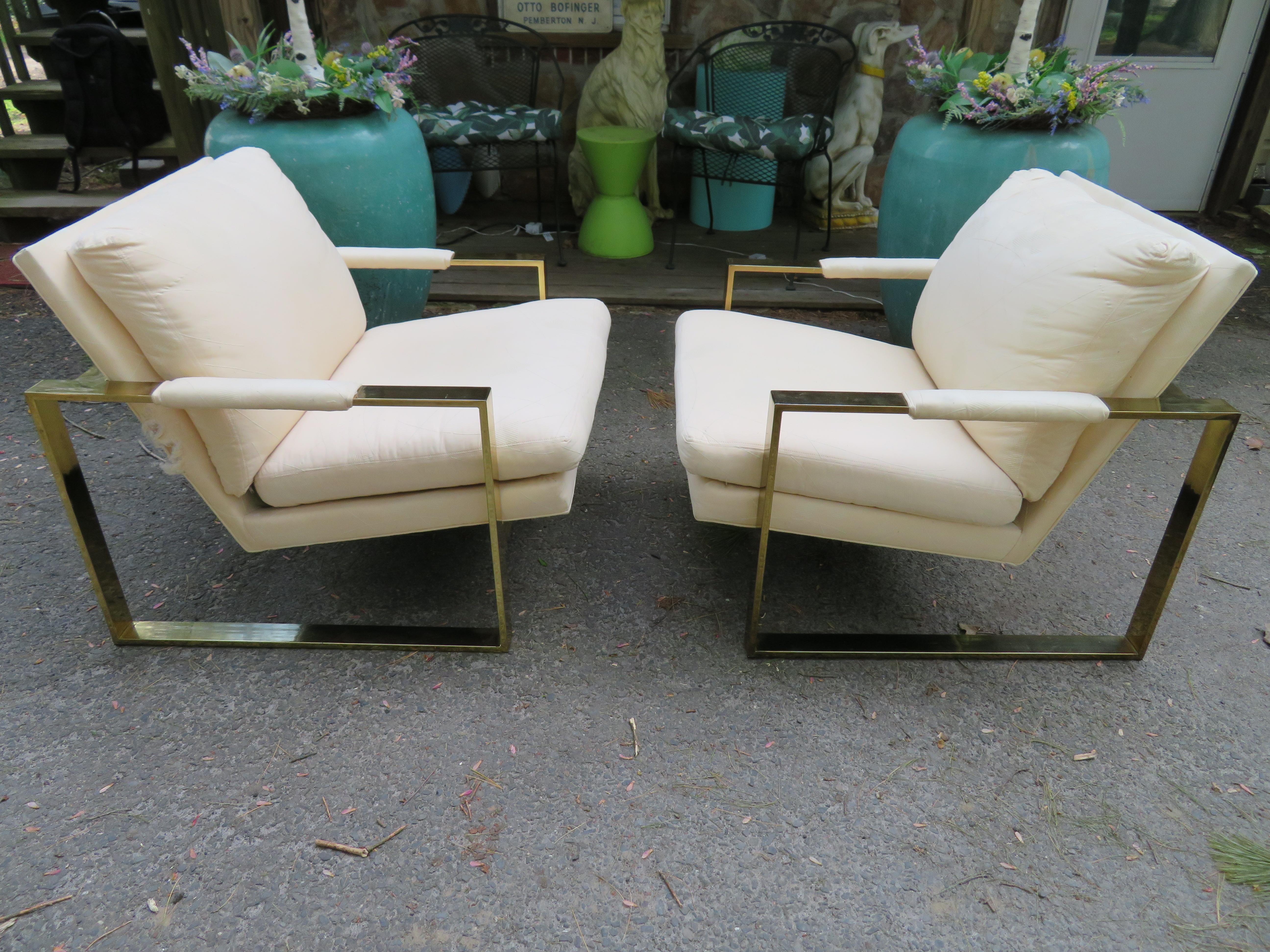 Handsome Pair Milo Baughman Brass Cube Chairs Mid-Century Modern 7