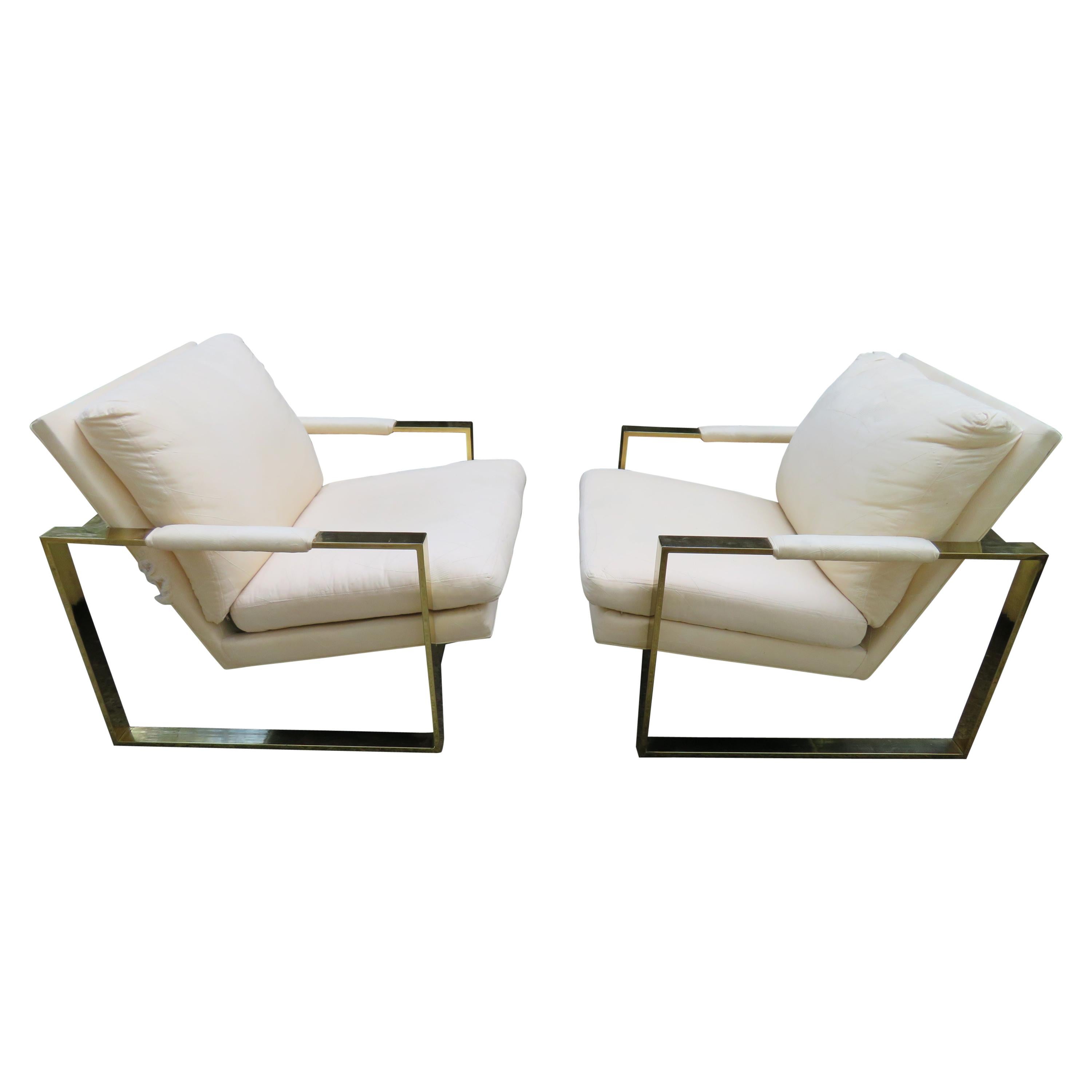 Handsome Pair Milo Baughman Brass Cube Chairs Mid-Century Modern