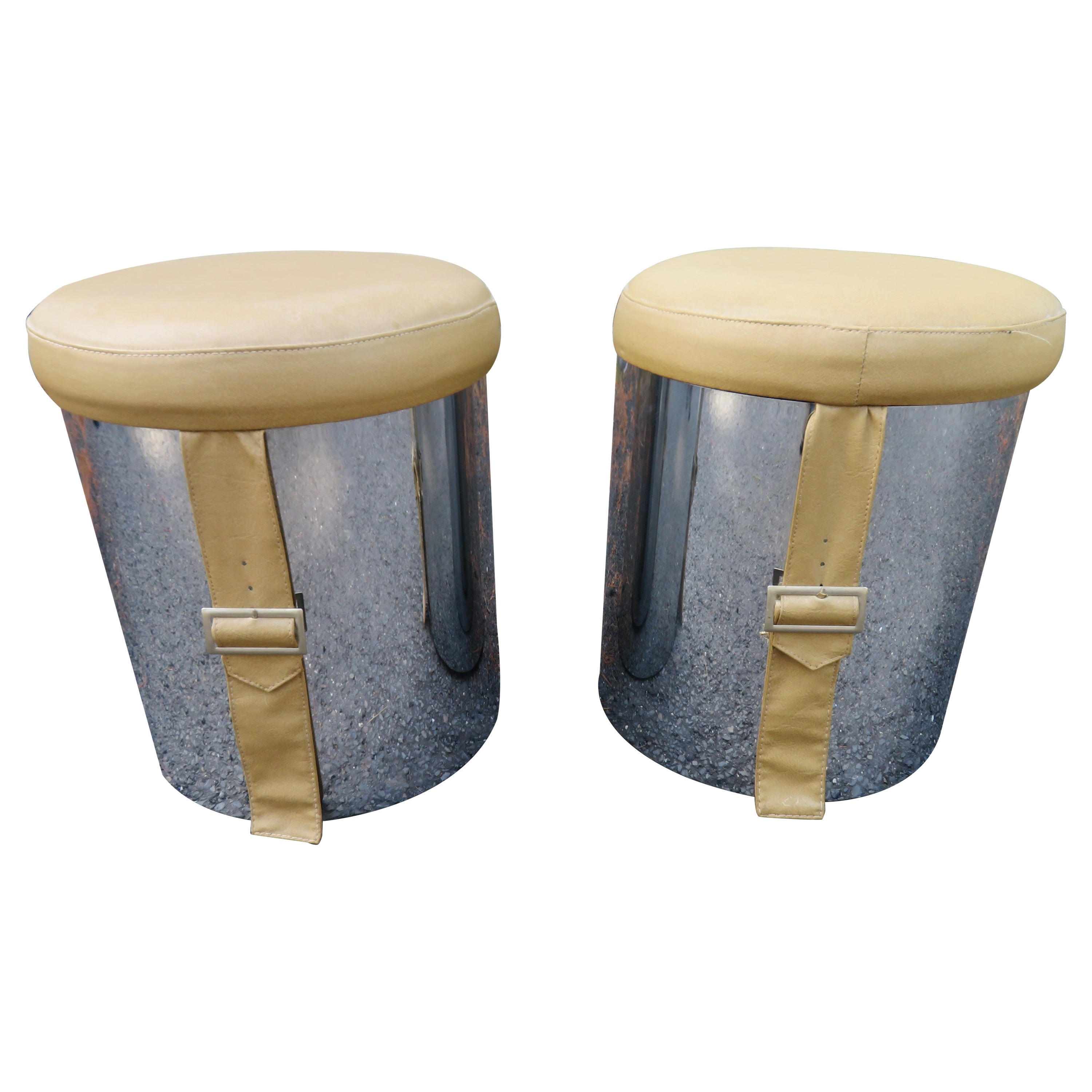 Handsome Pair Milo Baughman Style 1960s Chrome Cylinder Stool Ottoman Midcentury