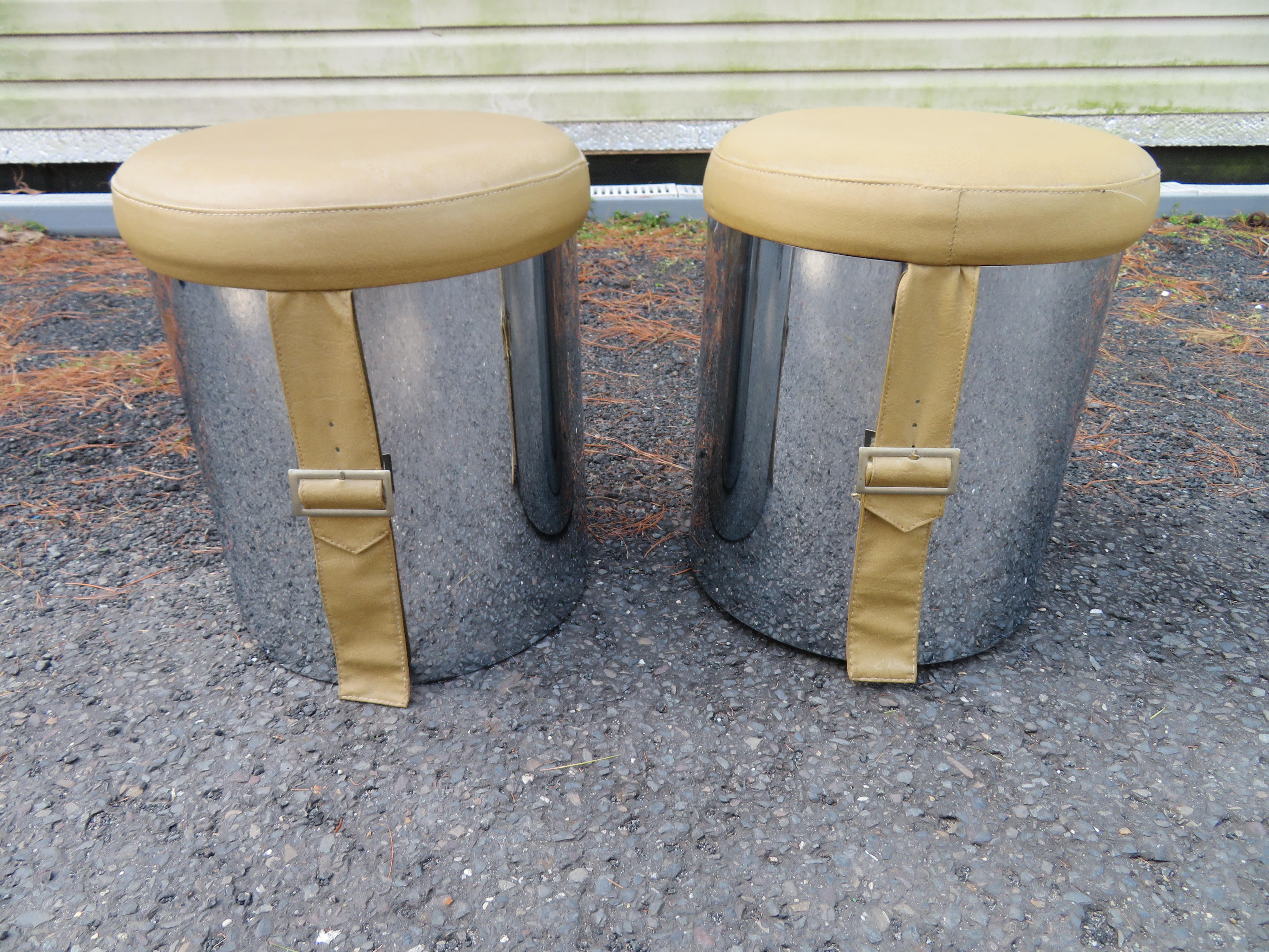 Handsome Pair Milo Baughman Style 1960s Chrome Cylinder Stool Ottoman Midcentury For Sale 4