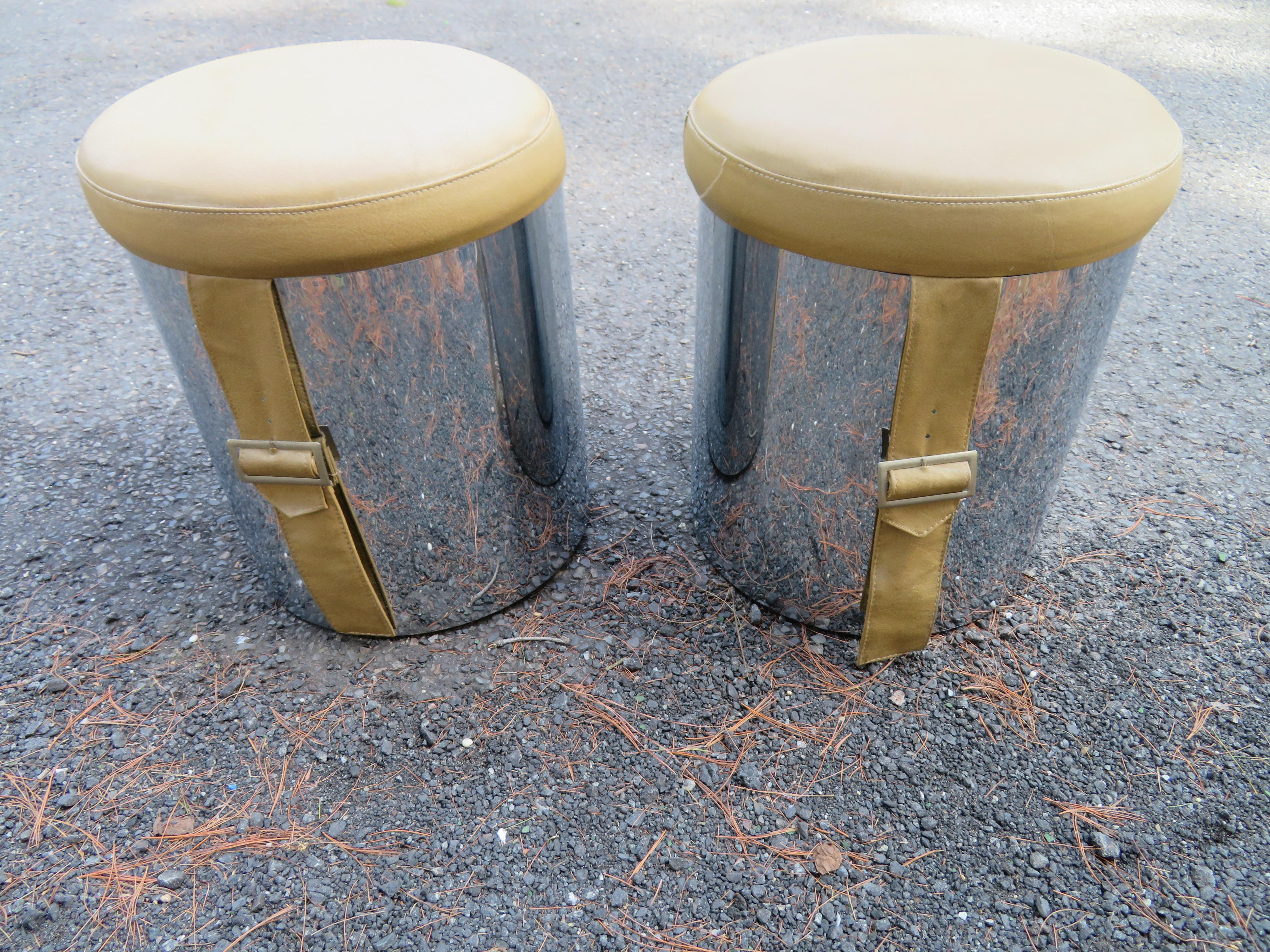 Handsome Pair Milo Baughman Style 1960s Chrome Cylinder Stool Ottoman Midcentury For Sale 1