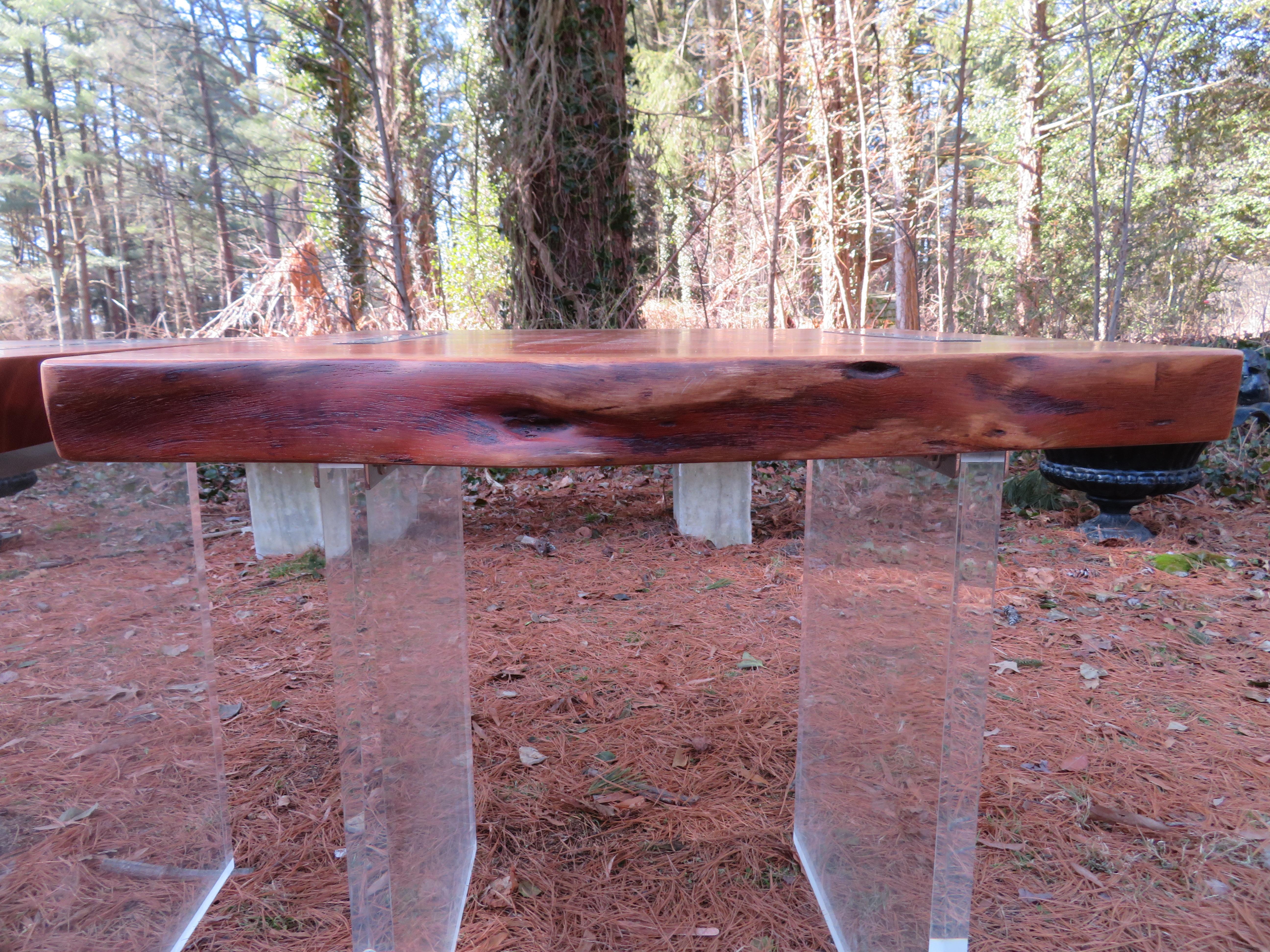 Handsome Pair of Walnut Lucite Live Edge Side End Tables For Sale 5