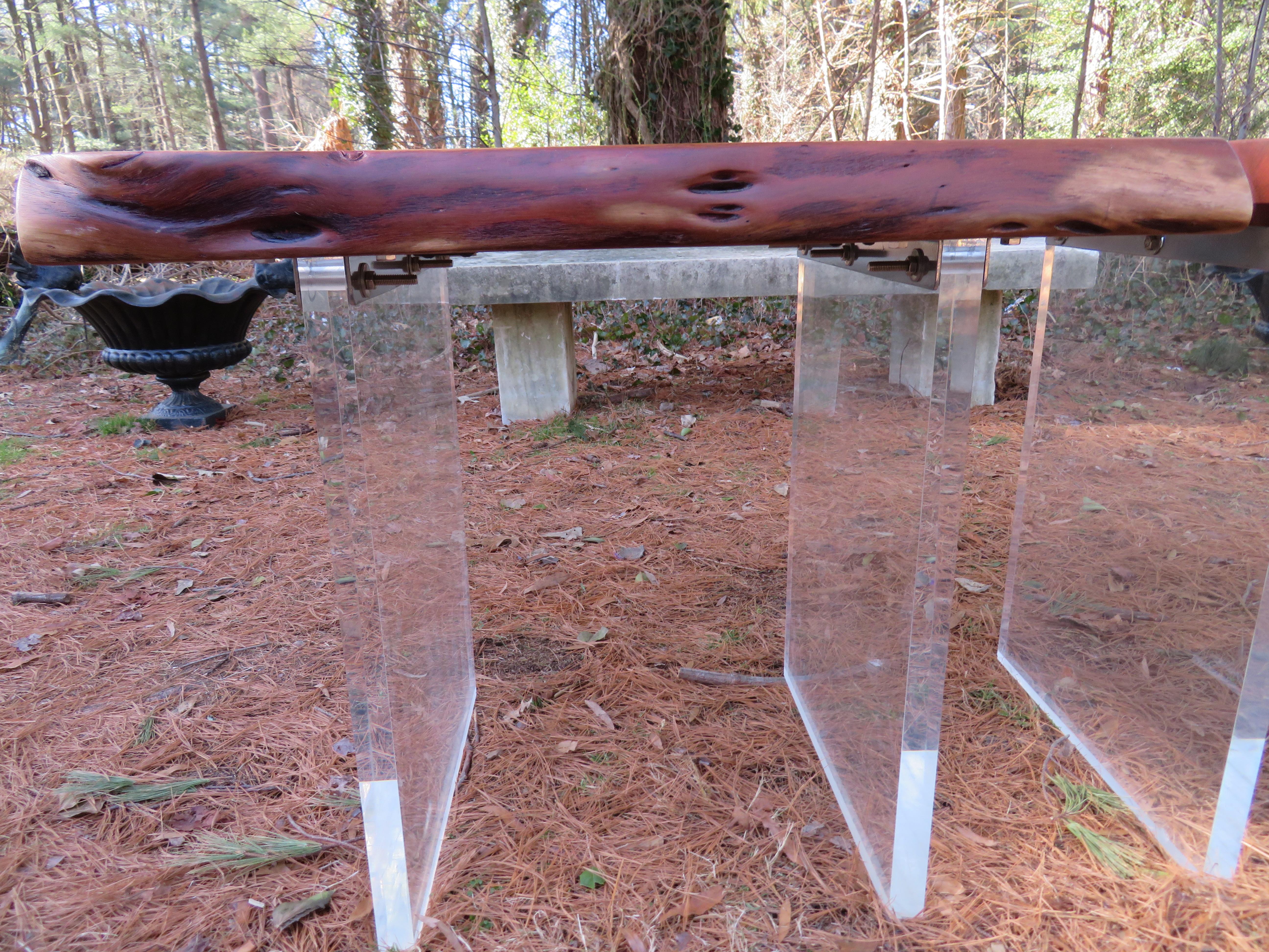 Handsome Pair of Walnut Lucite Live Edge Side End Tables For Sale 6