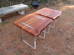 Handsome Pair of Walnut Lucite Live Edge Side End Tables