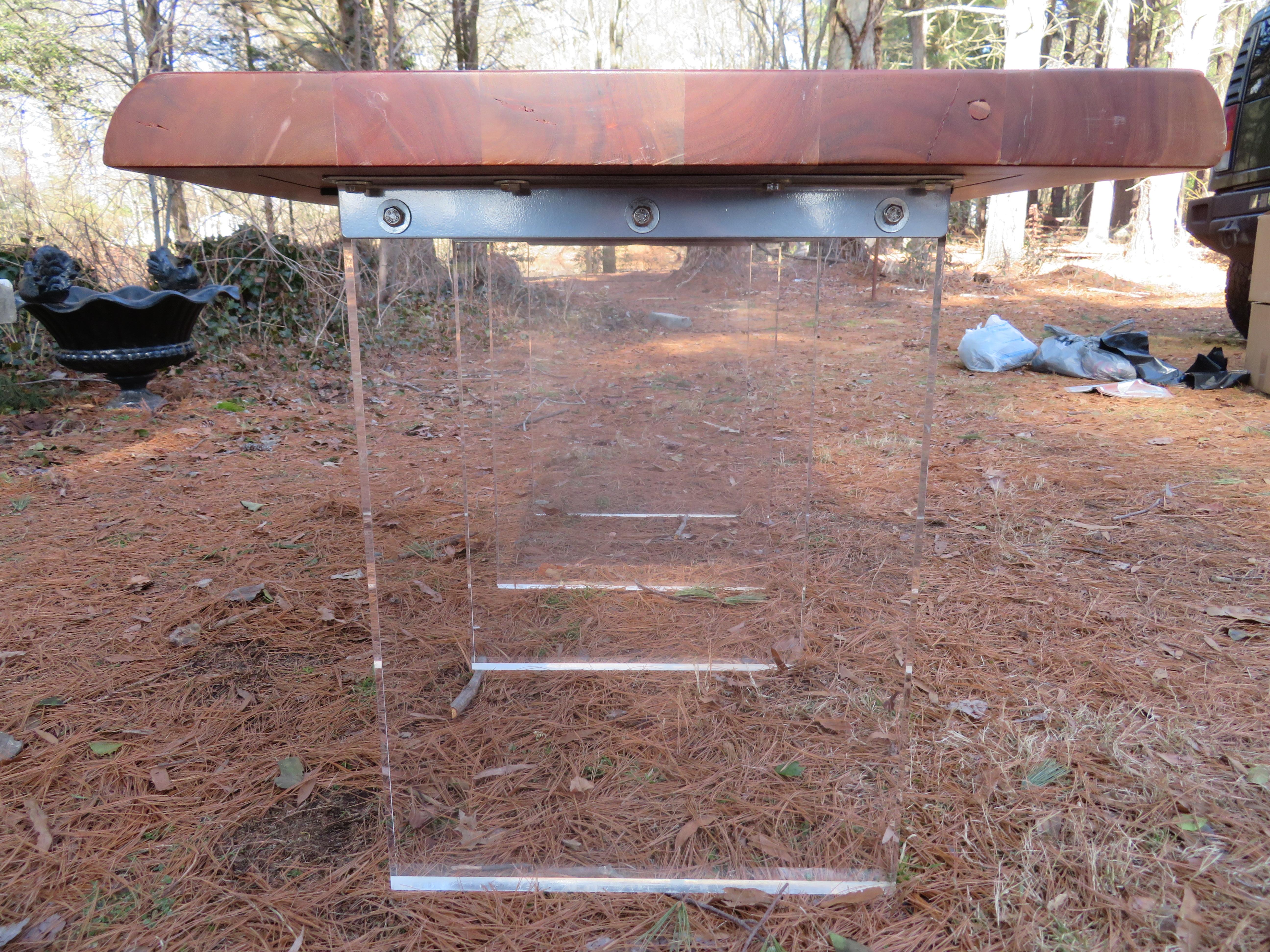 Handsome Pair of Walnut Lucite Live Edge Side End Tables For Sale 2