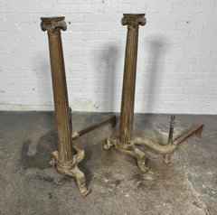 Handsome Pair of 19th Century French Neoclassical Column Bronze Andirons