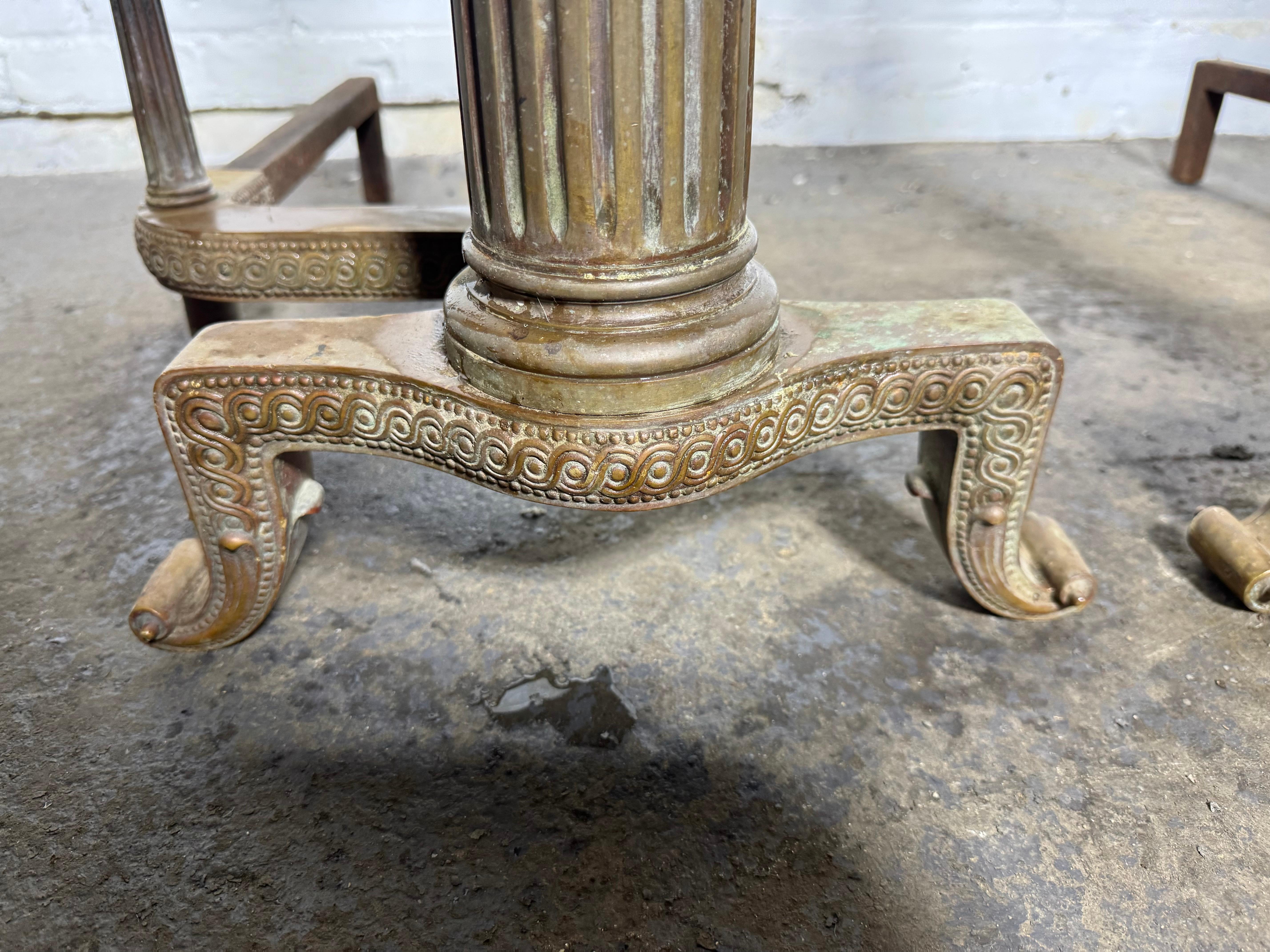 Hand-Crafted Handsome Pair of 19th Century French Neoclassical Column Bronze Andirons For Sale