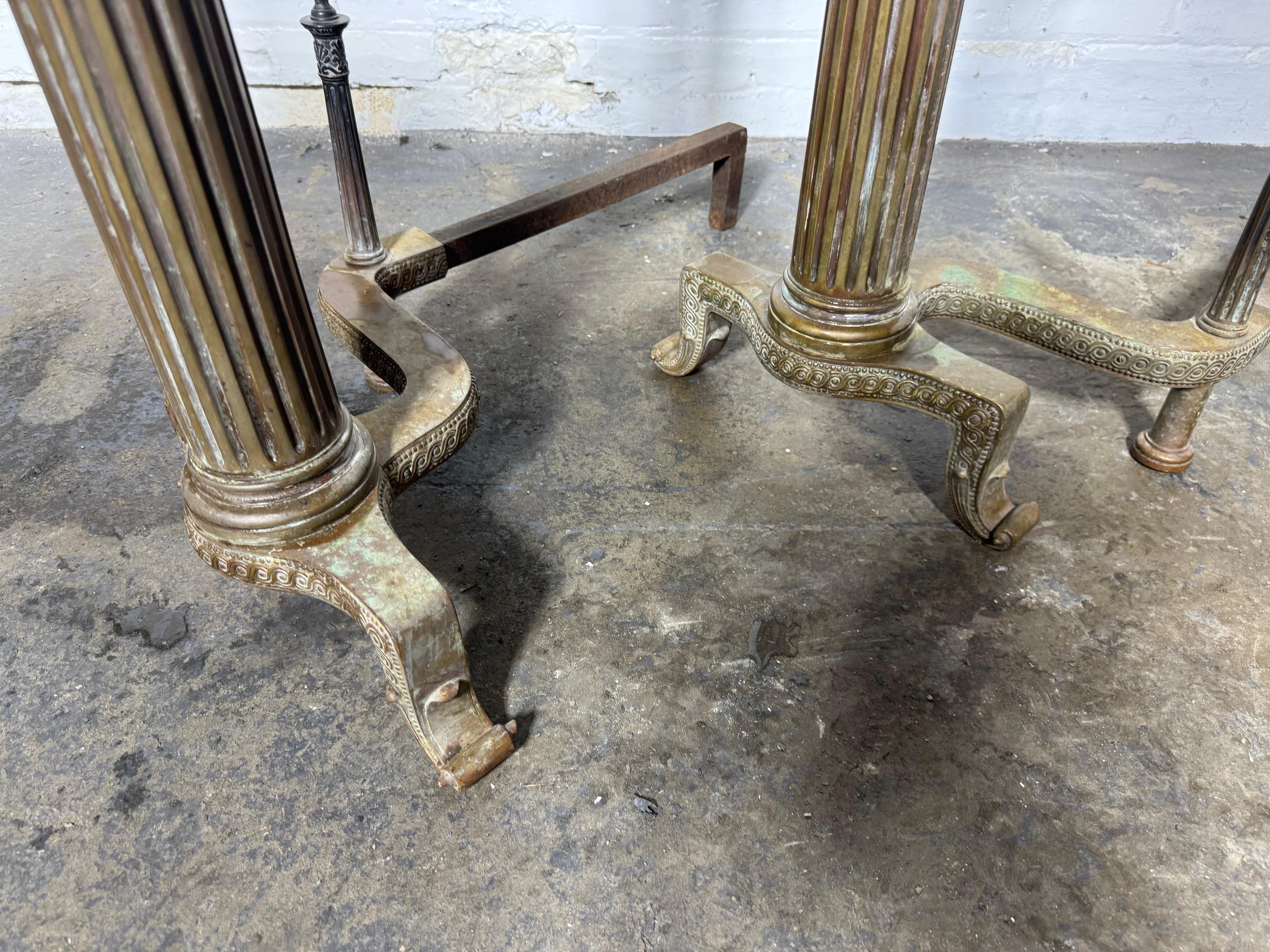 Handsome Pair of 19th Century French Neoclassical Column Bronze Andirons In Good Condition For Sale In Buffalo, NY