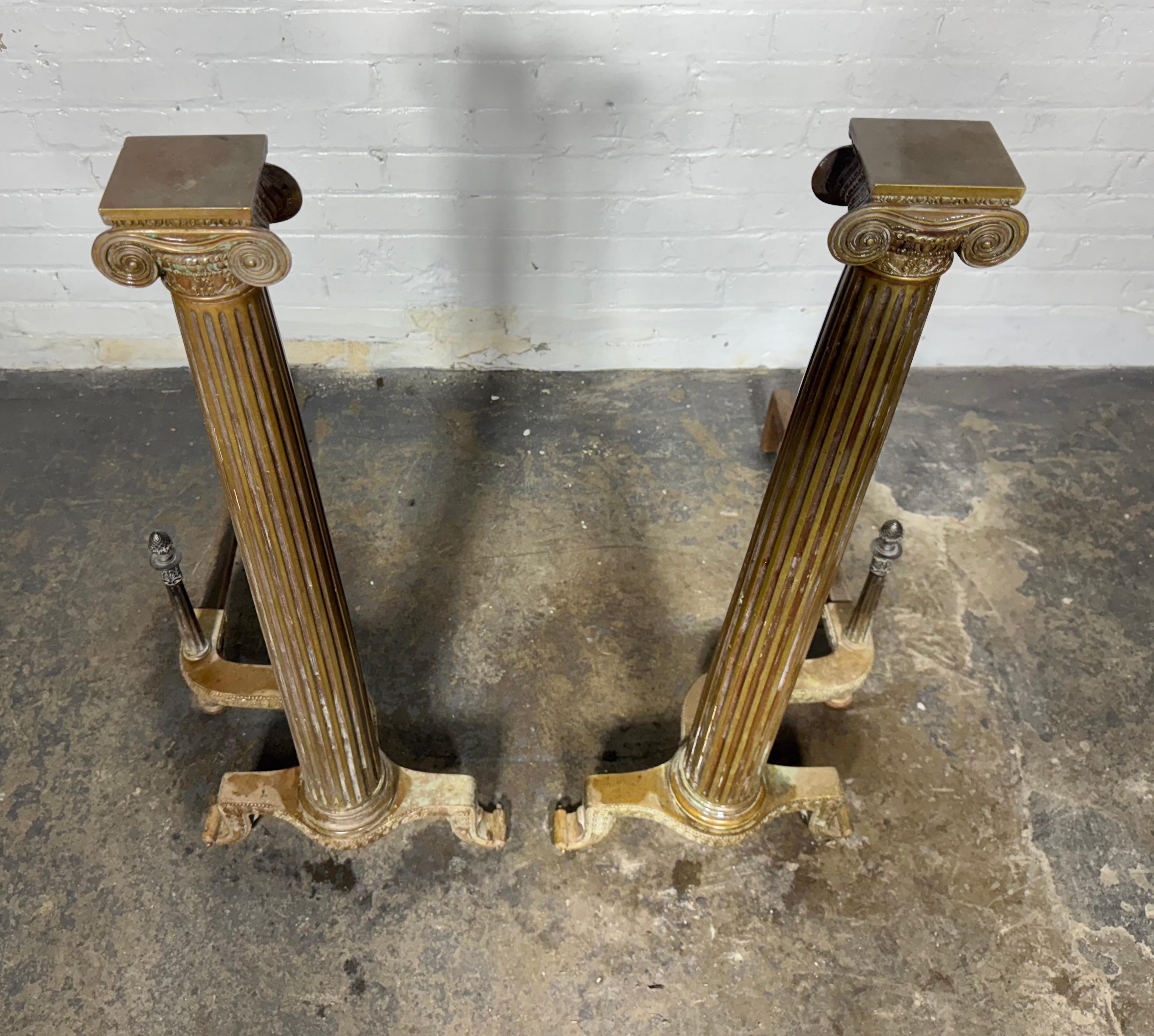 Handsome Pair of 19th Century French Neoclassical Column Bronze Andirons For Sale 1