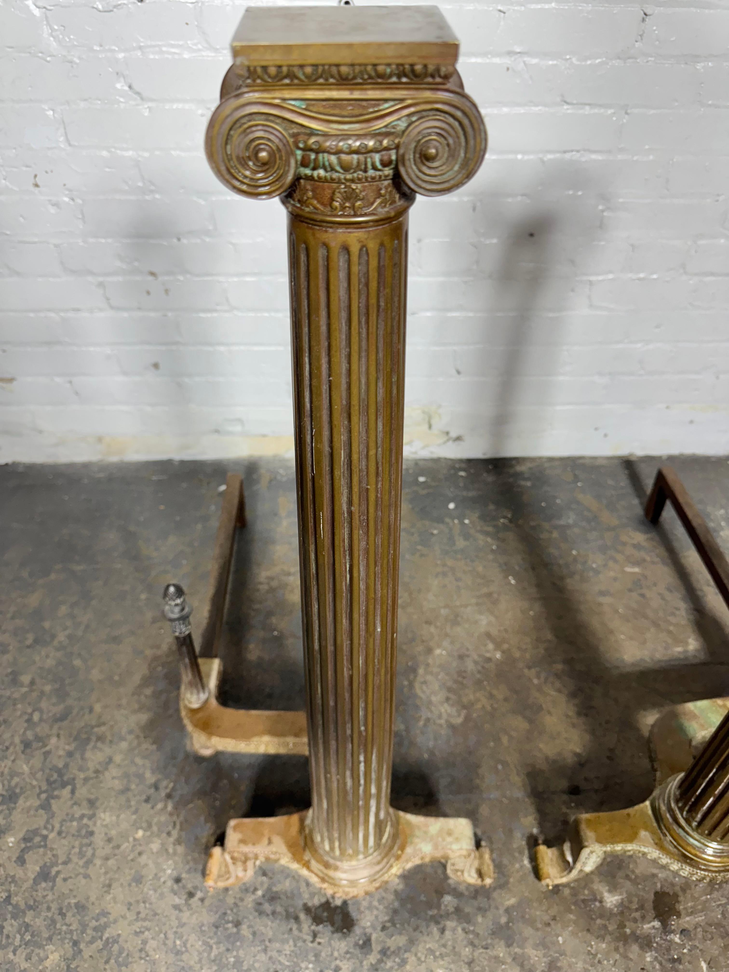 Handsome Pair of 19th Century French Neoclassical Column Bronze Andirons For Sale 2