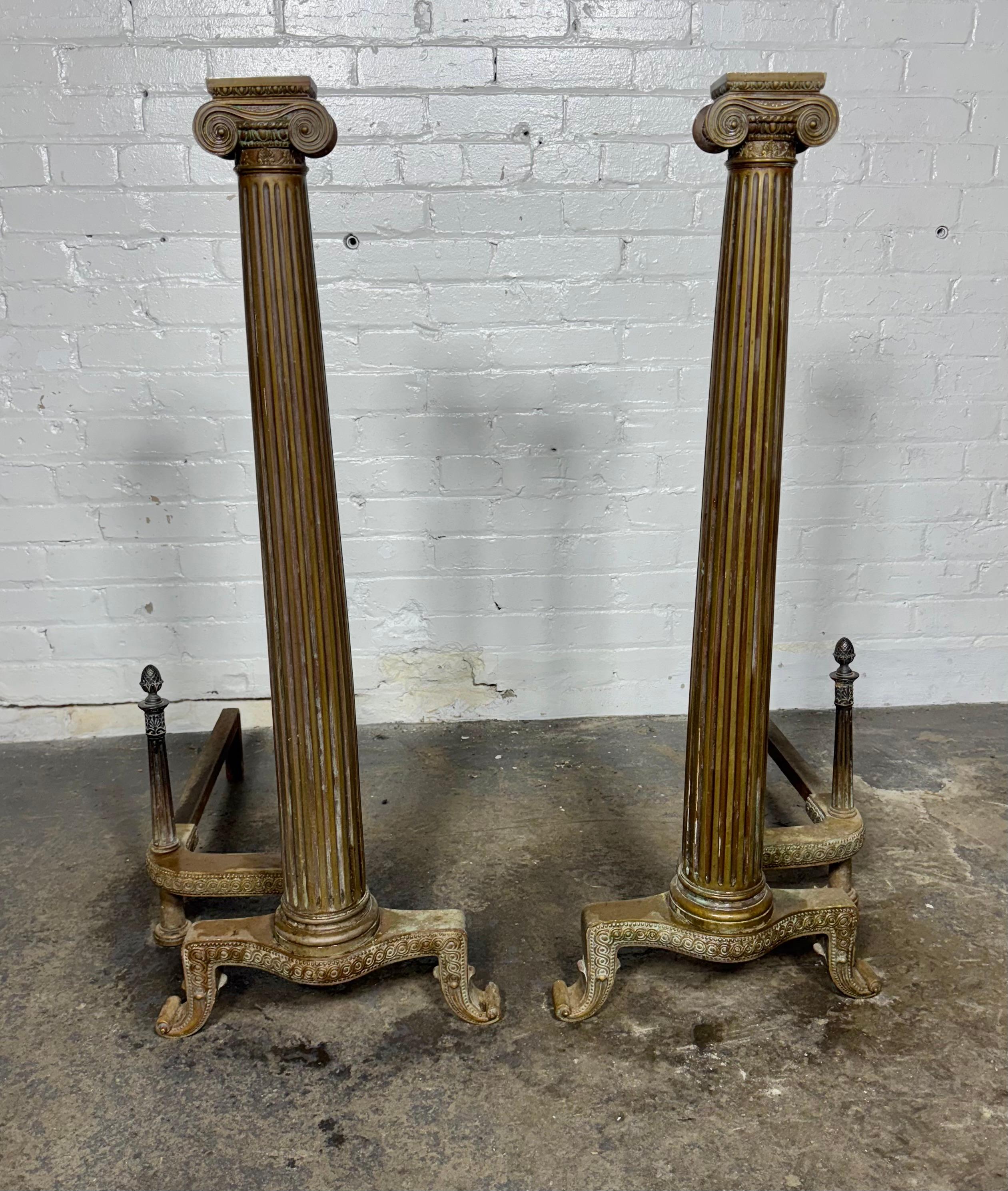 Handsome Pair of 19th Century French Neoclassical Column Bronze Andirons For Sale 3