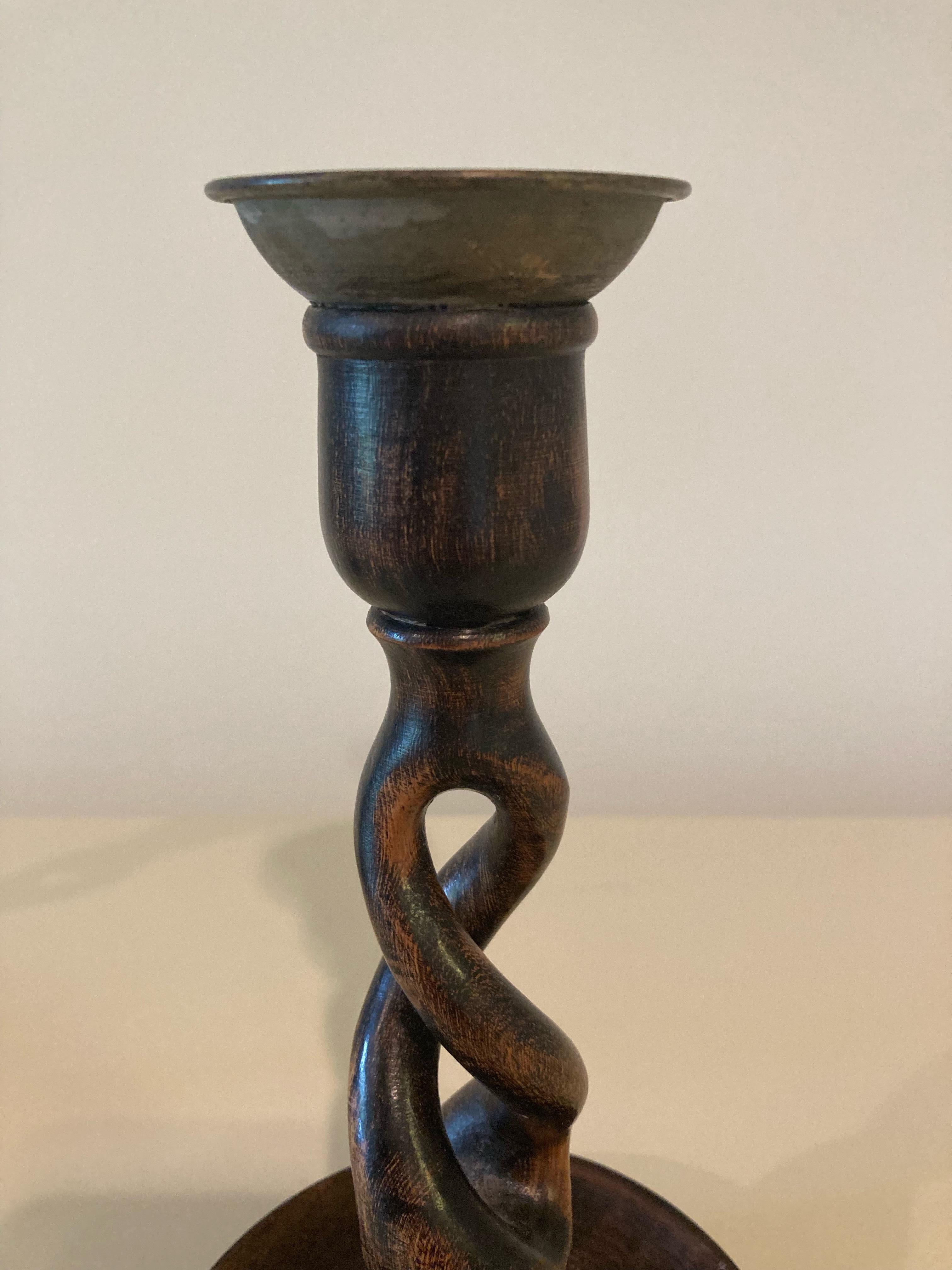 English Handsome Pair of 19th Century Oak Barley Twist Candlesticks