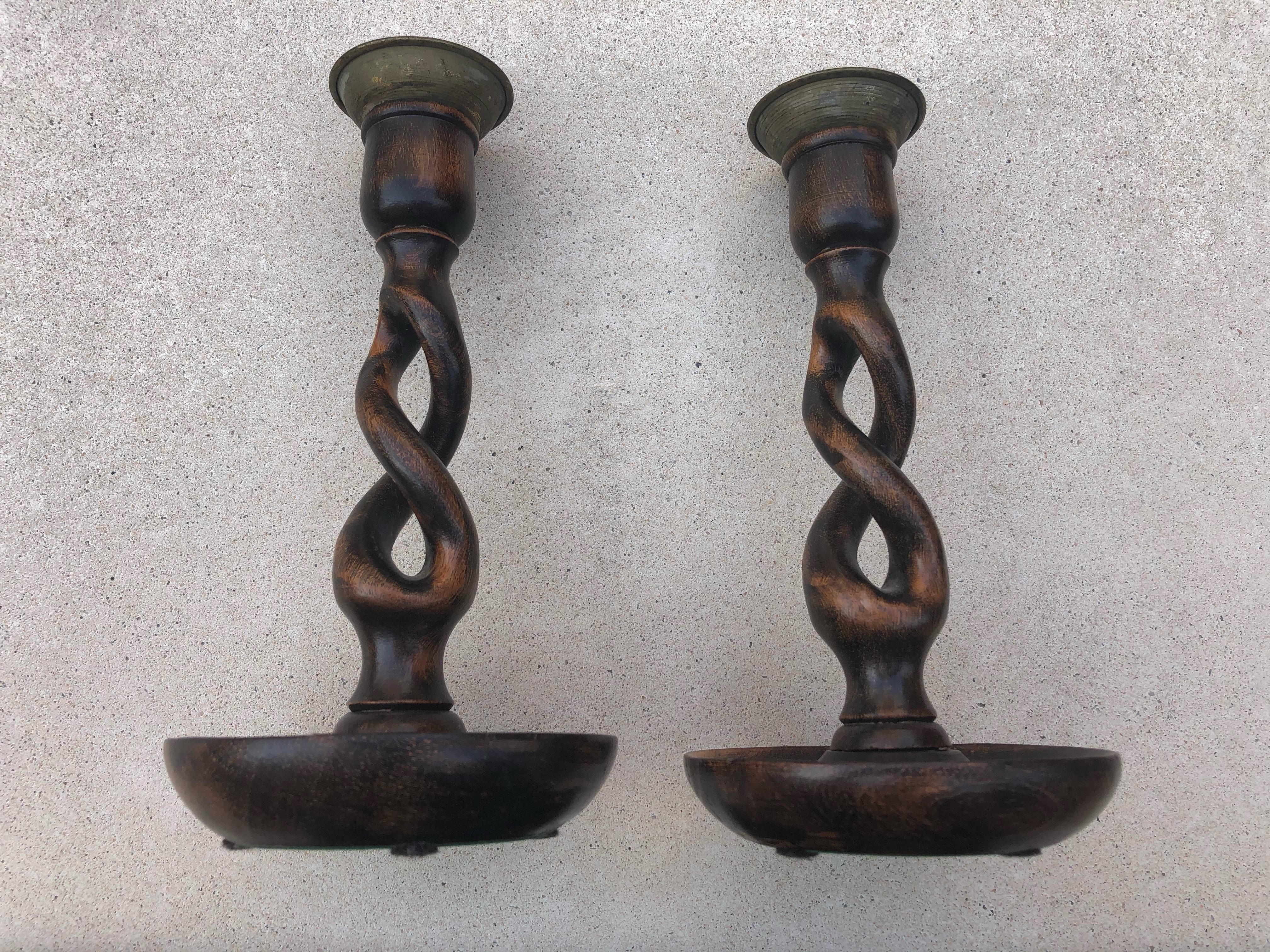 Handsome Pair of 19th Century Oak Barley Twist Candlesticks 1