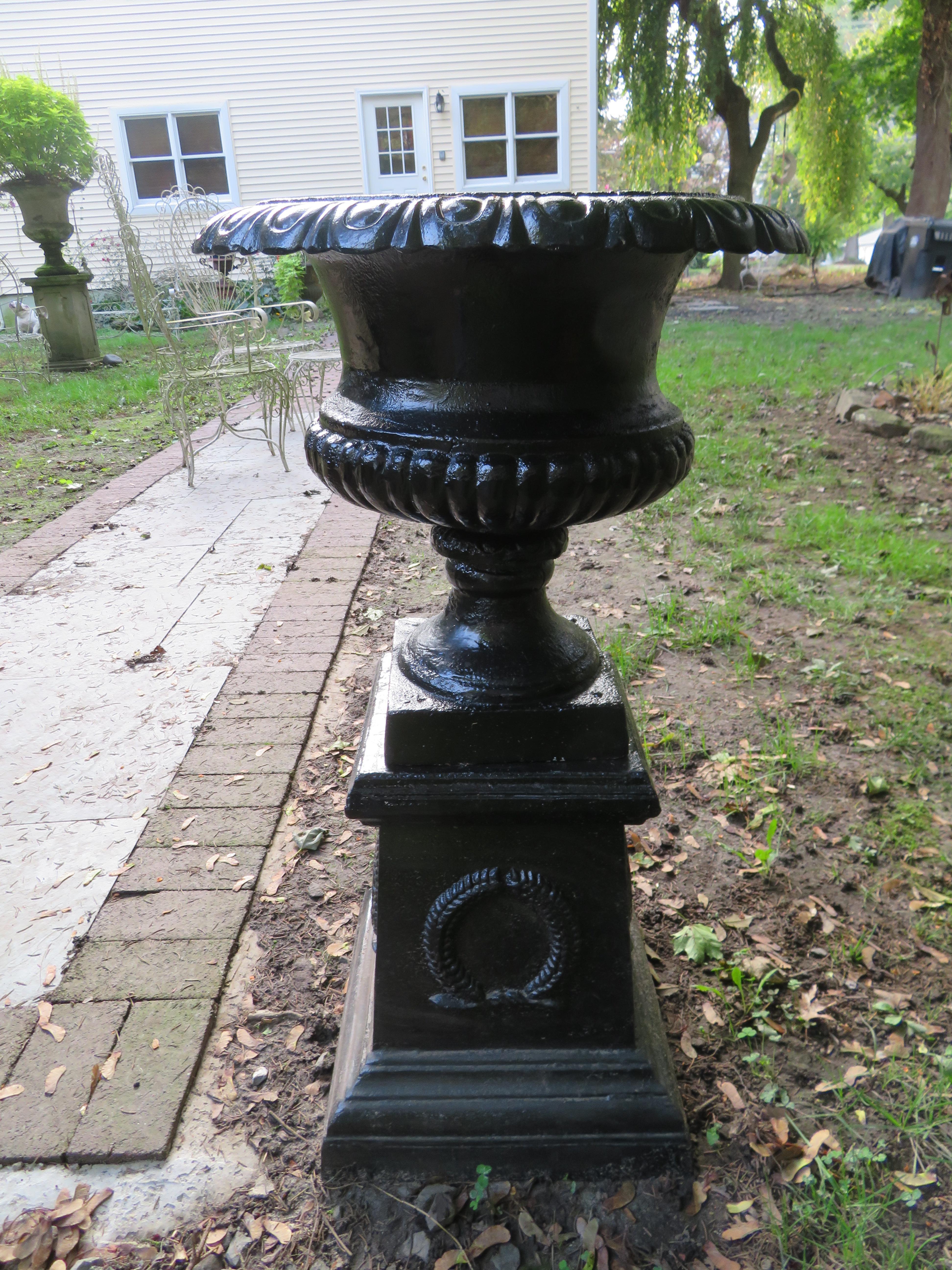Handsome Pair of 20th Century Cast Iron Urns Victorian Style 4
