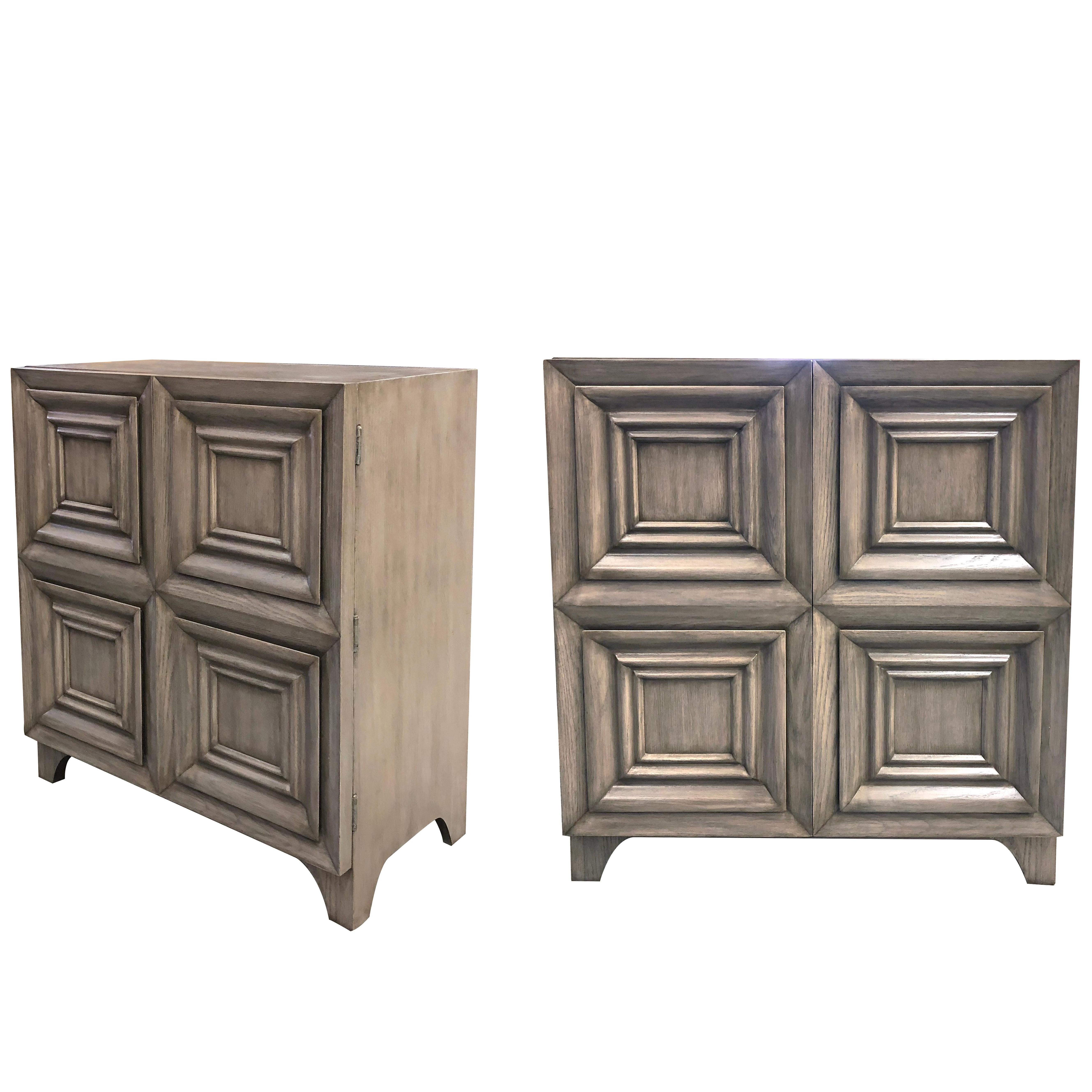Handsome Pair of American Midcentury Solid Gray-Cerused Oak Dressing Cabinets