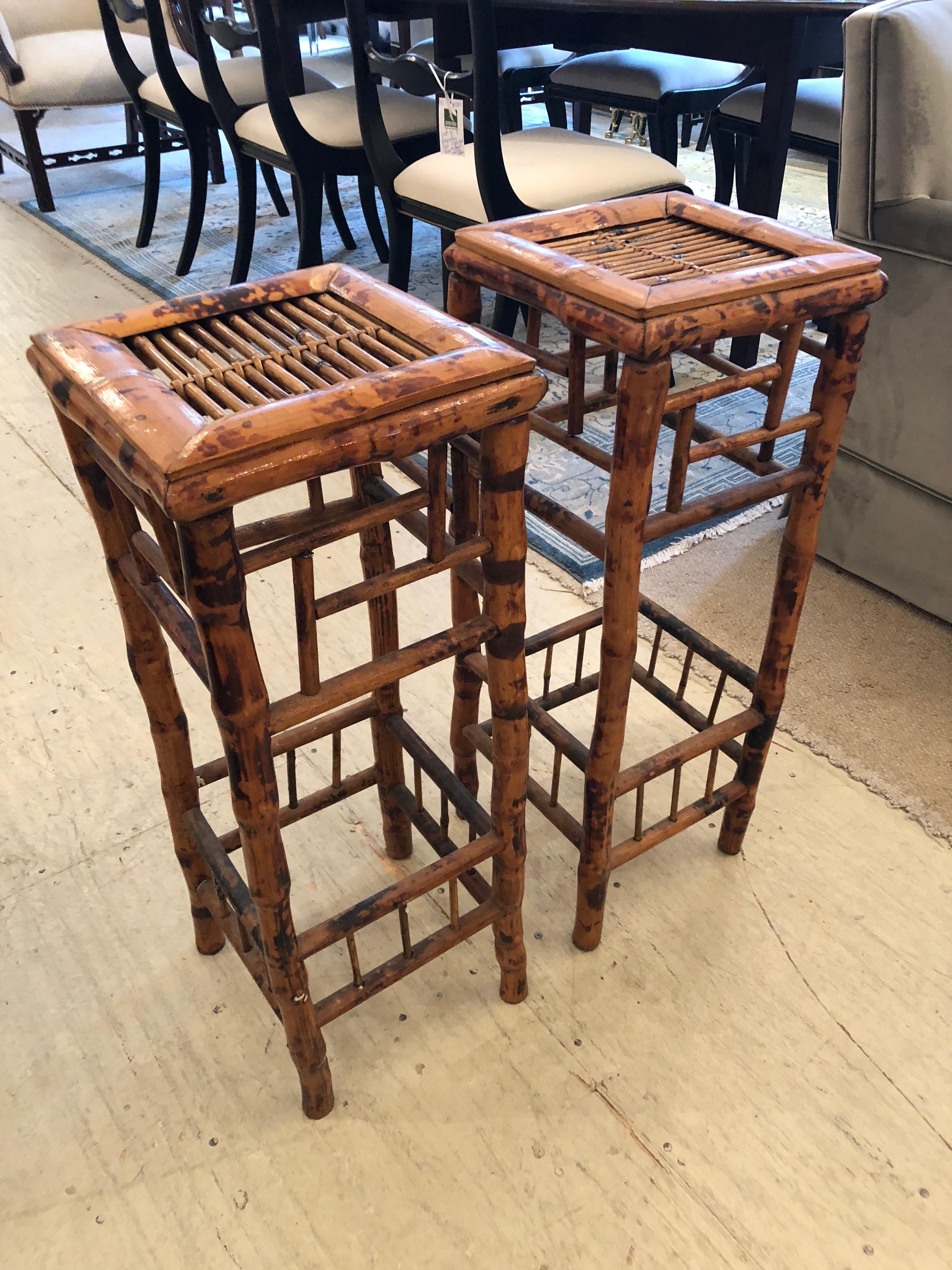 Handsome Pair of Antique Bamboo Side Tables Plant Stands In Excellent Condition In Hopewell, NJ