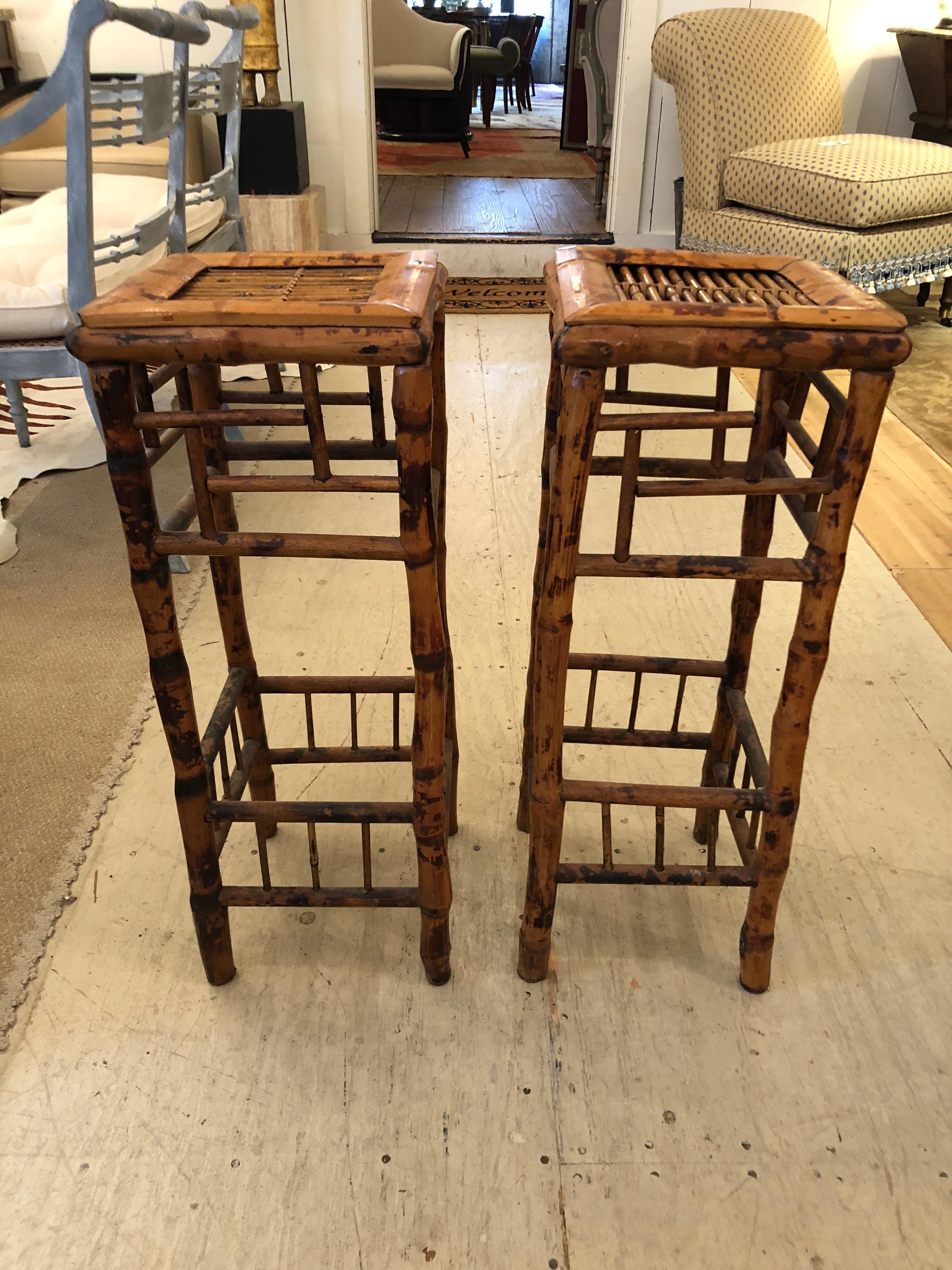 Handsome Pair of Antique Bamboo Side Tables Plant Stands 1