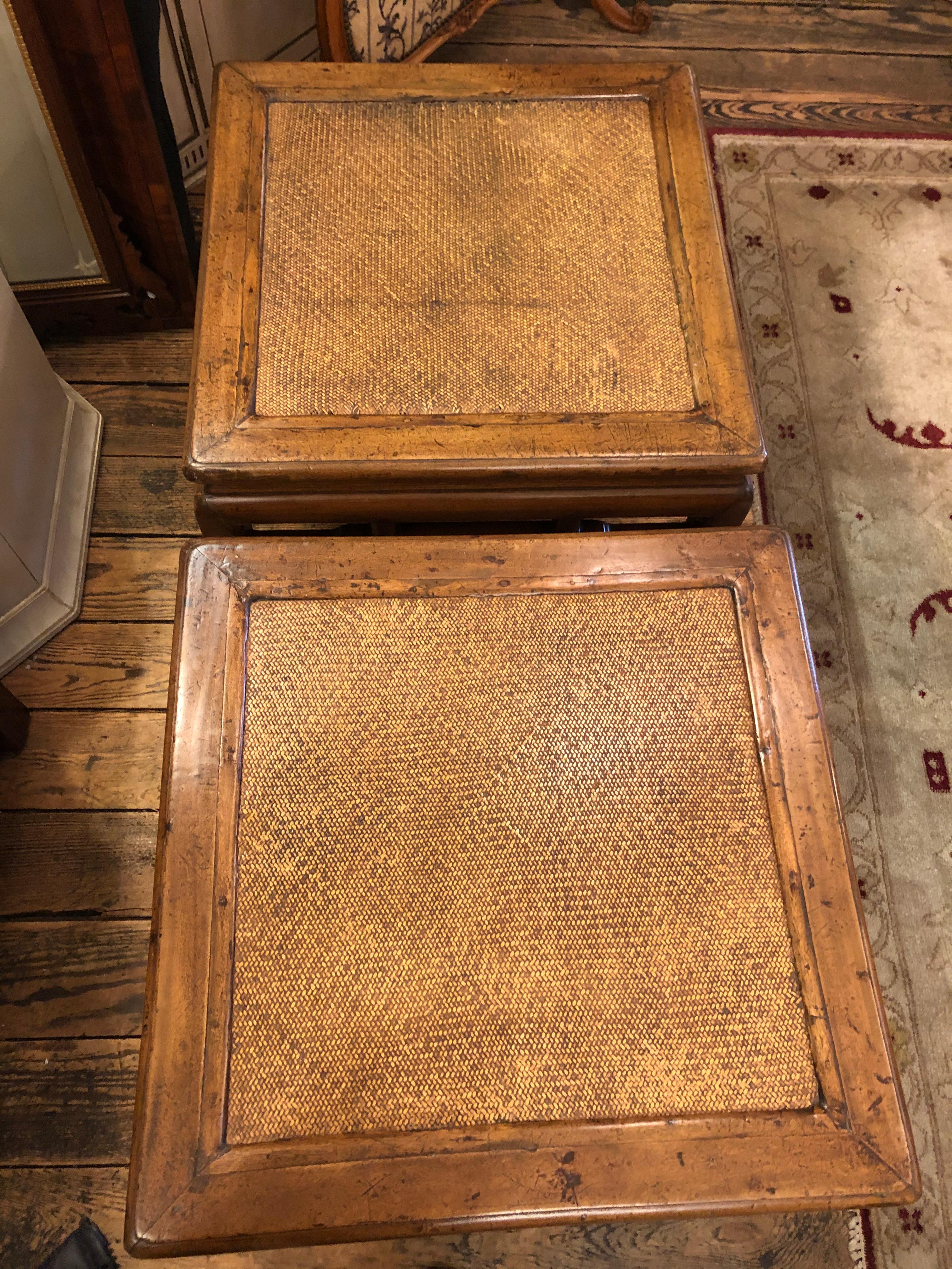 Handsome Pair of Antique Chinese Rattan & Elm Square End Tables In Good Condition In Hopewell, NJ