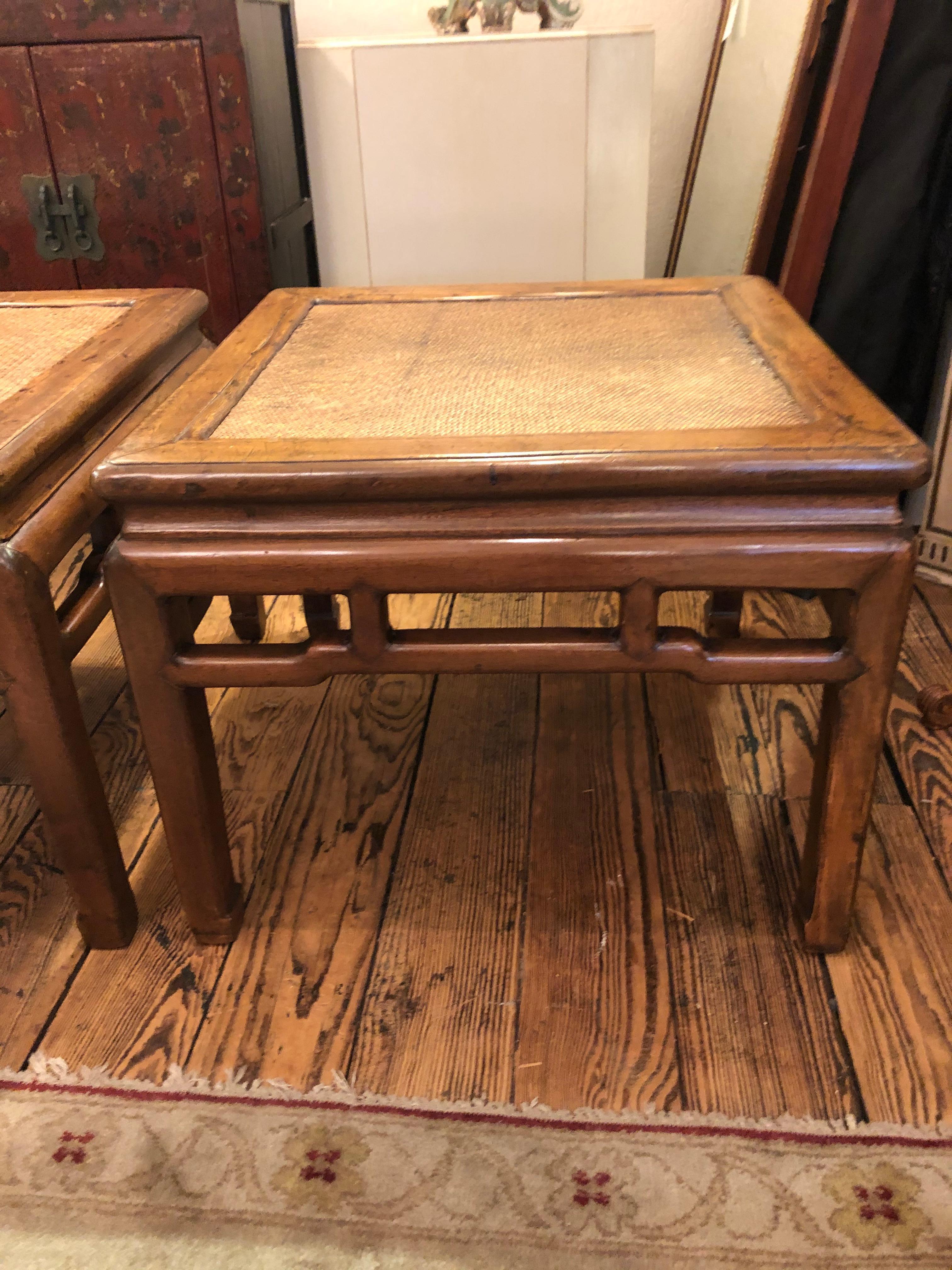 19th Century Handsome Pair of Antique Chinese Rattan & Elm Square End Tables