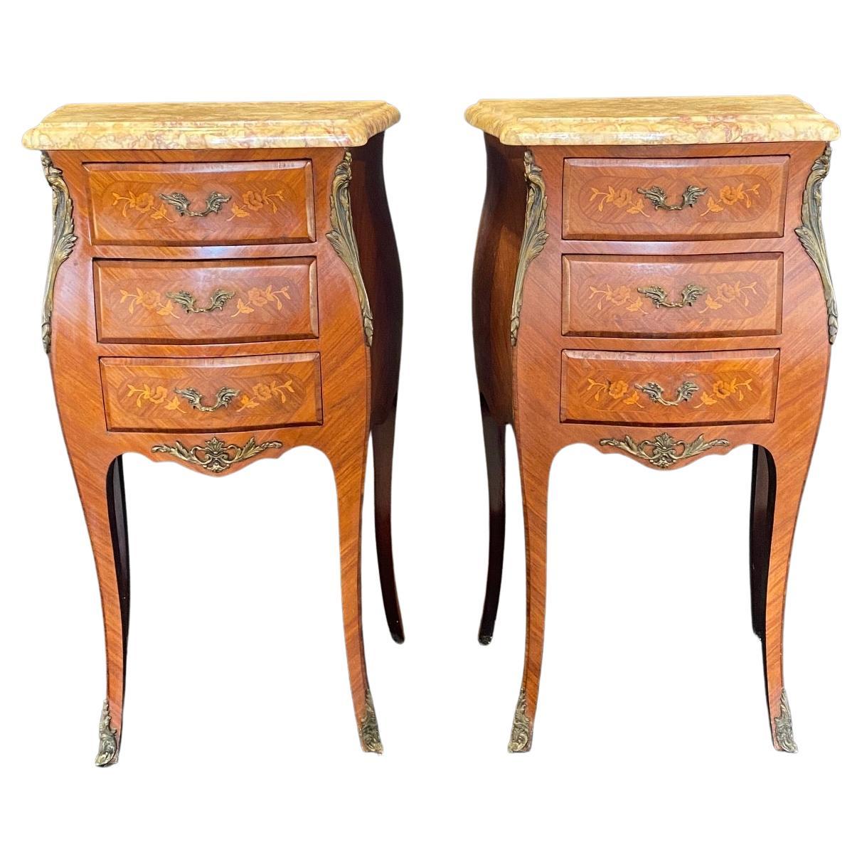Handsome Pair of Antique French Inlaid Walnut & Marble Top Nighttands