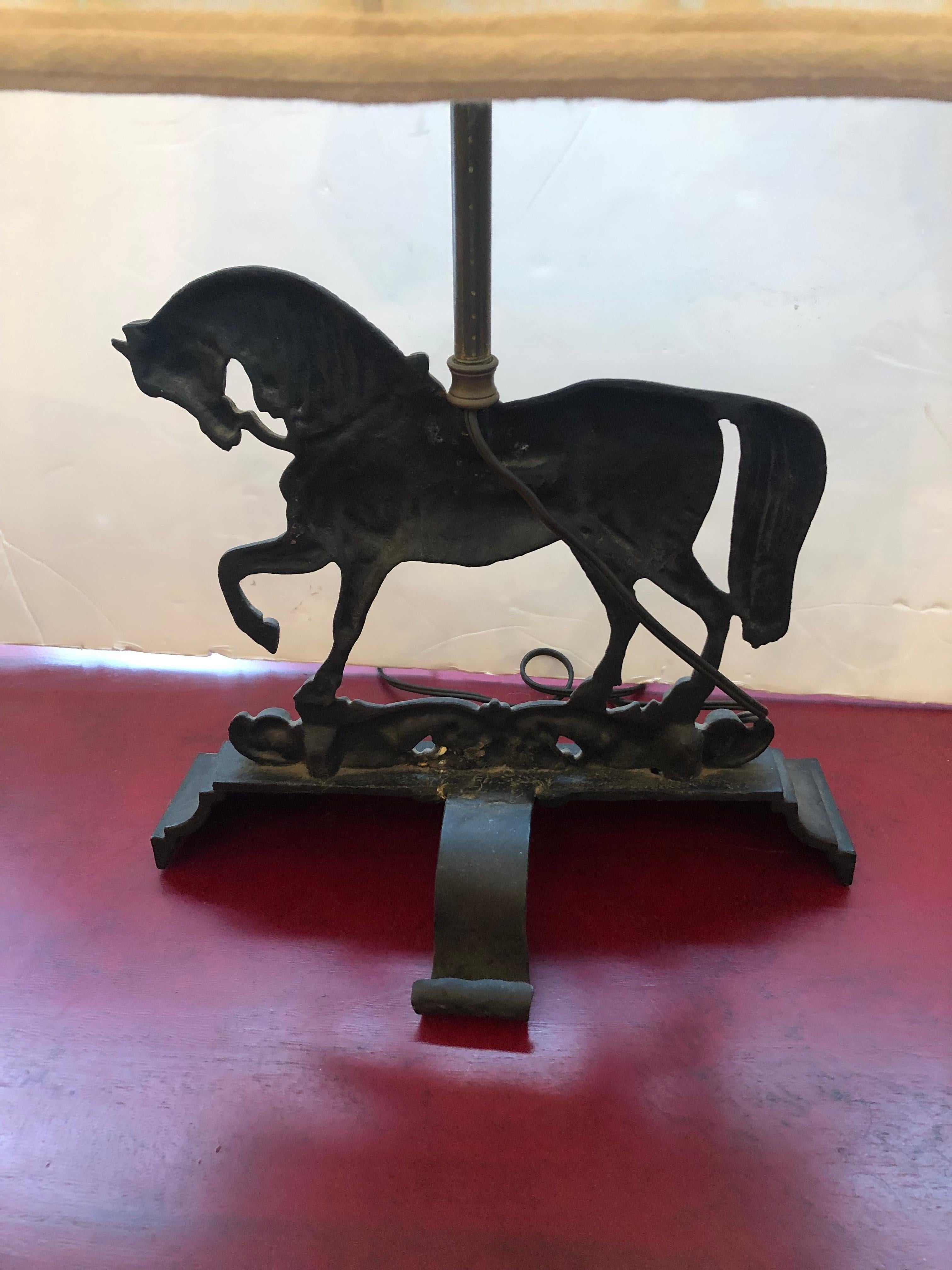 Handsome Pair of Antique Wrought Iron Equestrian Motife Table Lamps In Good Condition In Hopewell, NJ