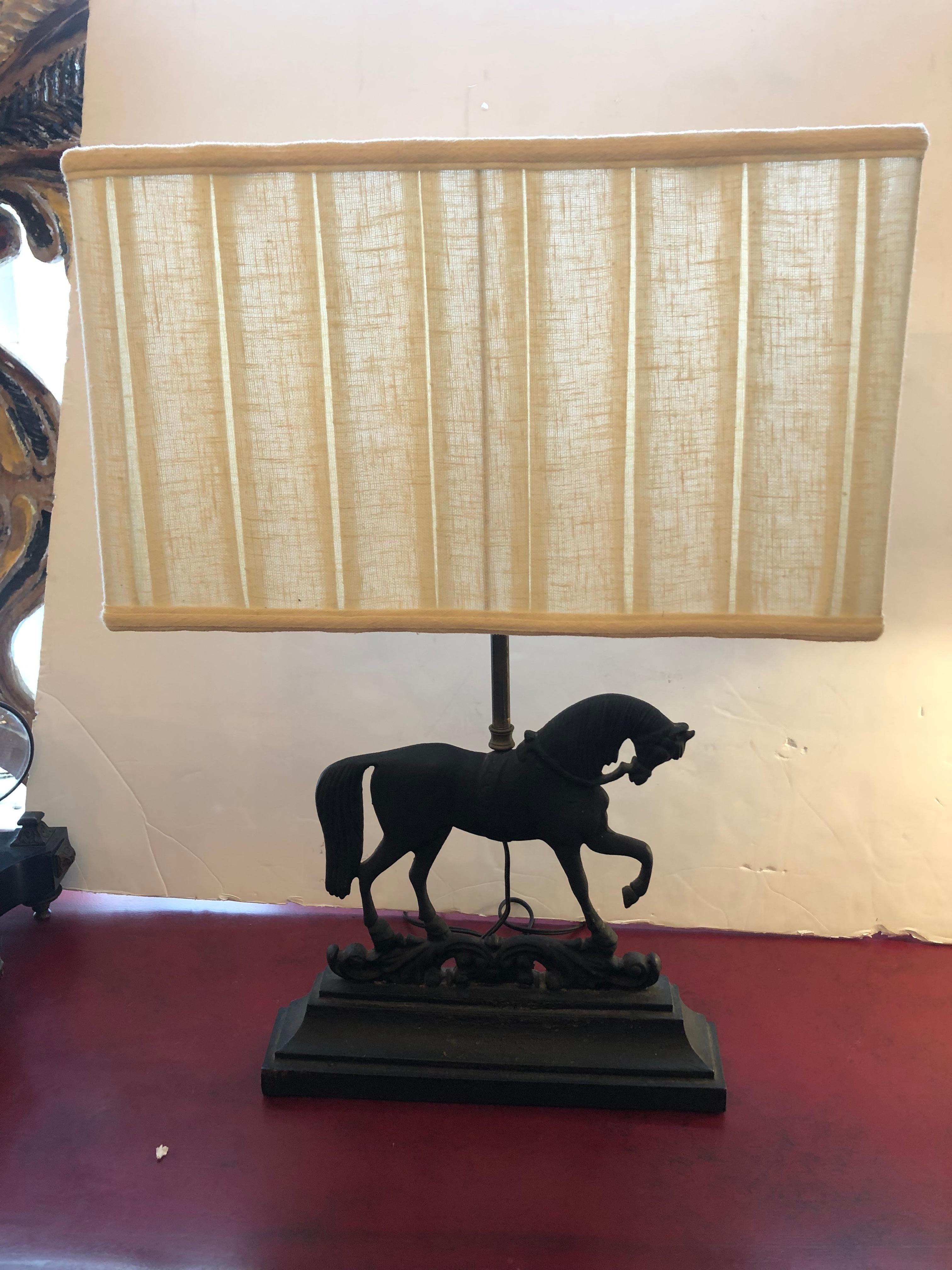 Handsome Pair of Antique Wrought Iron Equestrian Motife Table Lamps 2