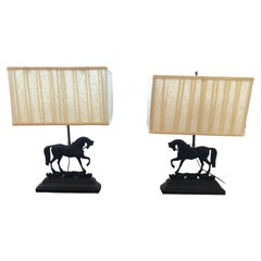 Handsome Pair of Antique Wrought Iron Equestrian Motife Table Lamps