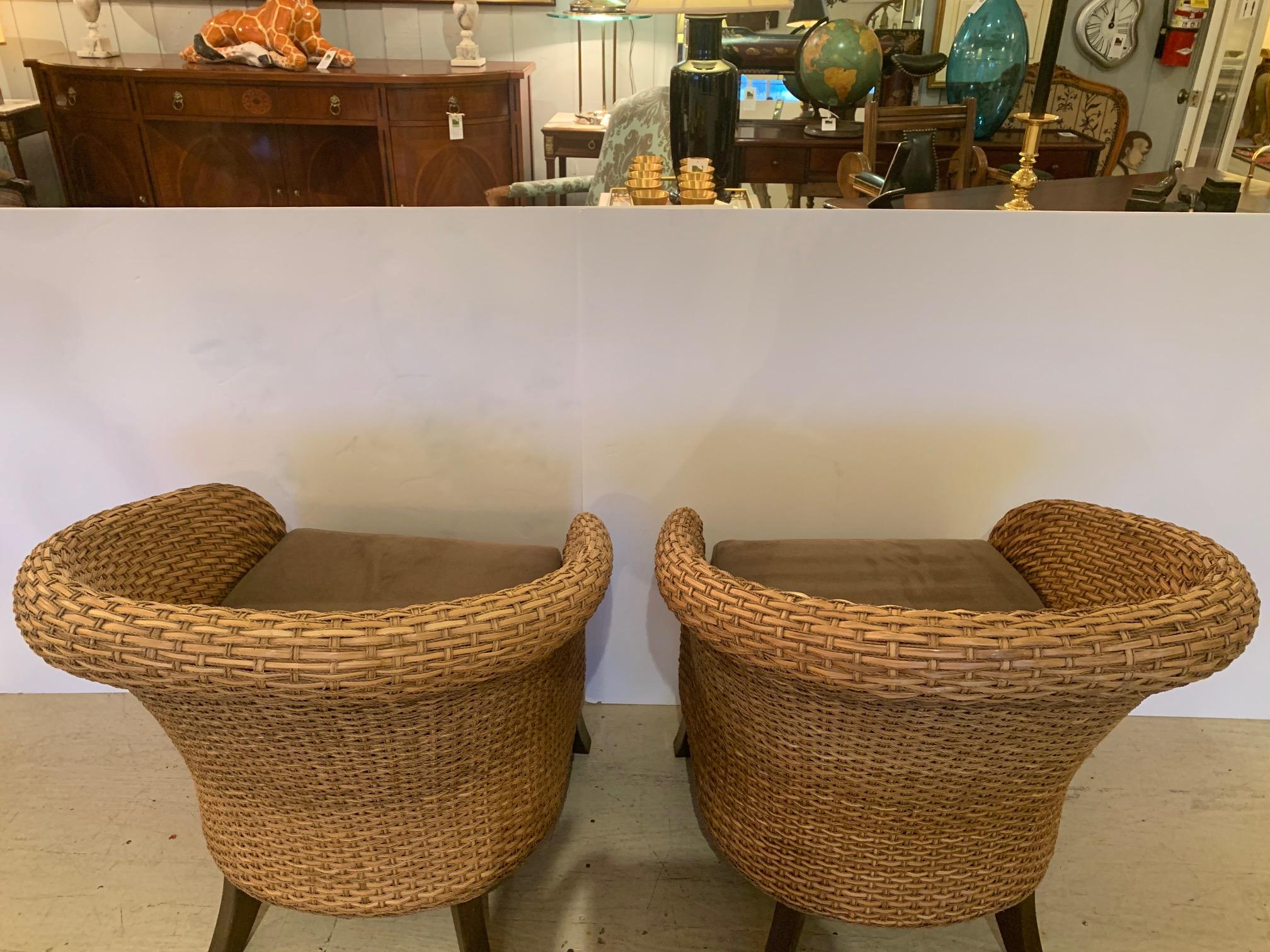 American Handsome Pair of Barrel Back Woven Rattan Club Chairs