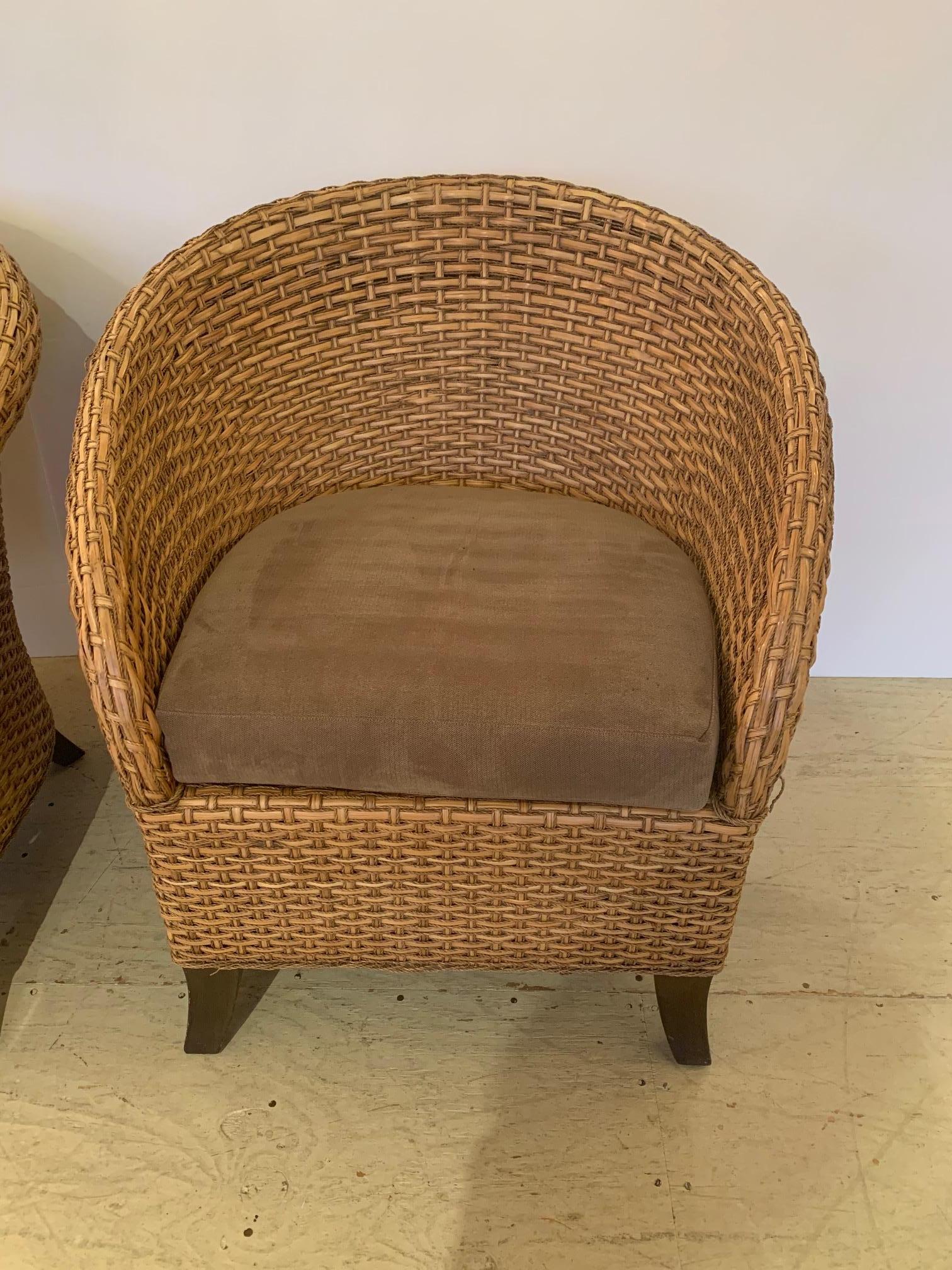 Handsome Pair of Barrel Back Woven Rattan Club Chairs In Good Condition In Hopewell, NJ