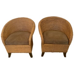 Handsome Pair of Barrel Back Woven Rattan Club Chairs