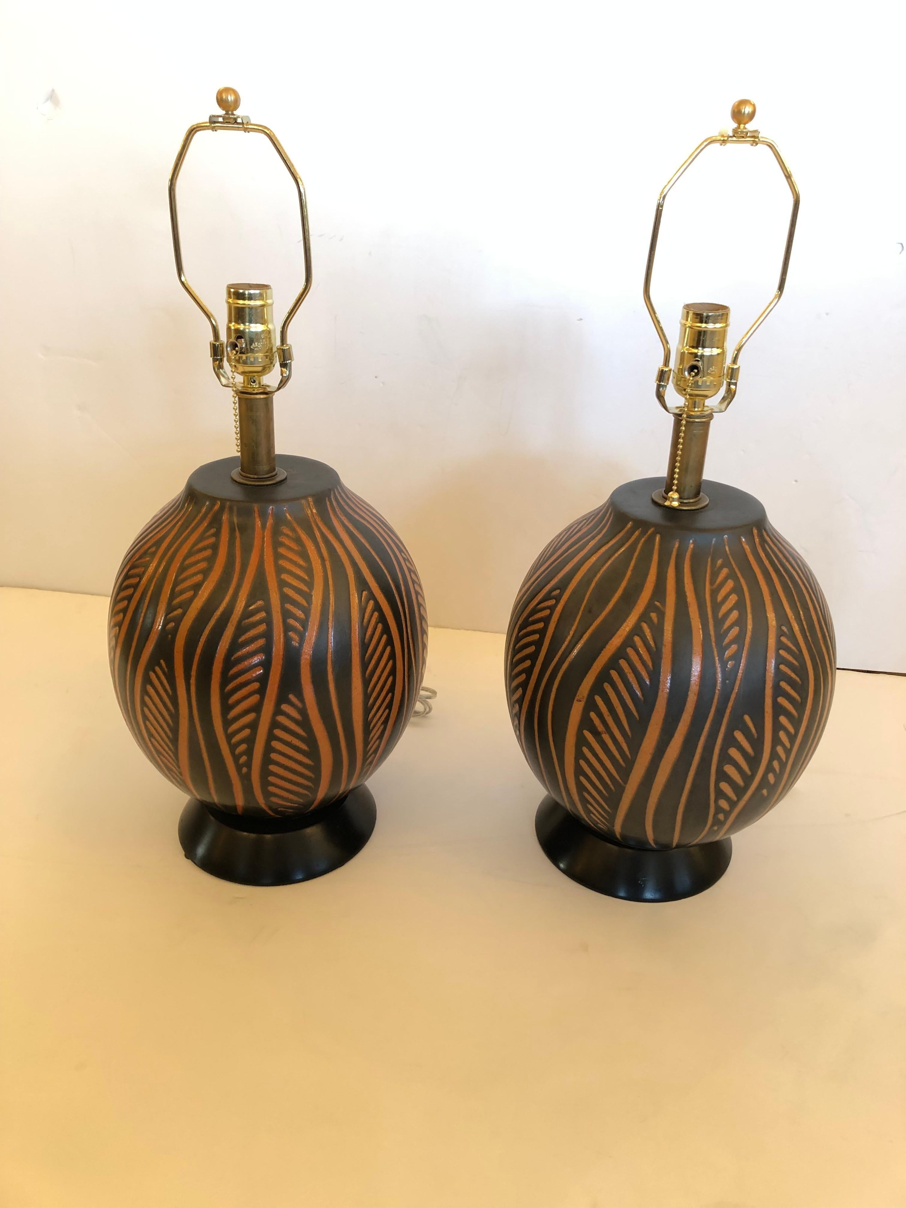 Mid-Century Modern Handsome Pair of Black & Orange Hand Crafted Pottery Table Lamps For Sale