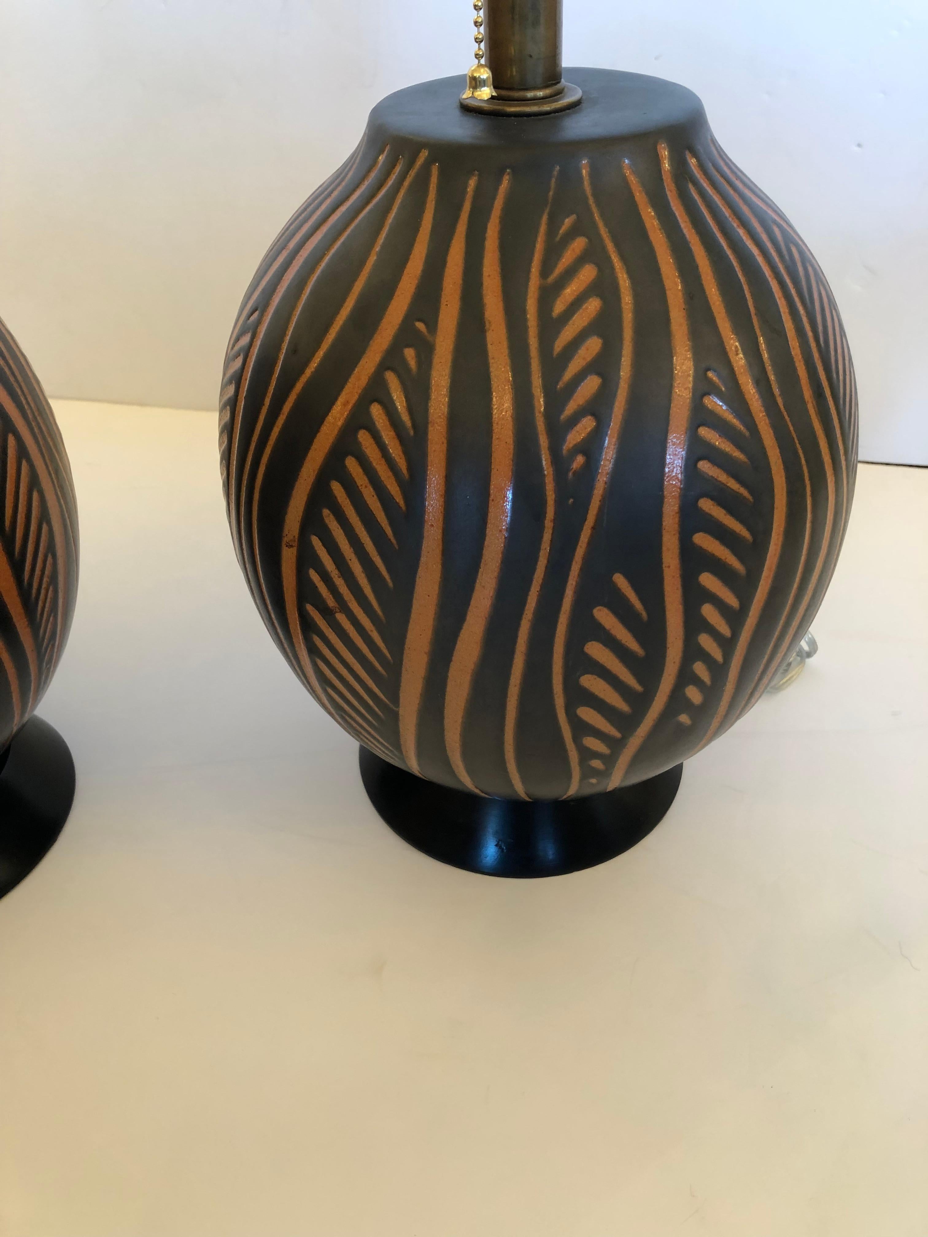 Schnes Paar schwarz-orangefarbener handgefertigter Keramik-Tischlampen (Ende des 20. Jahrhunderts) im Angebot