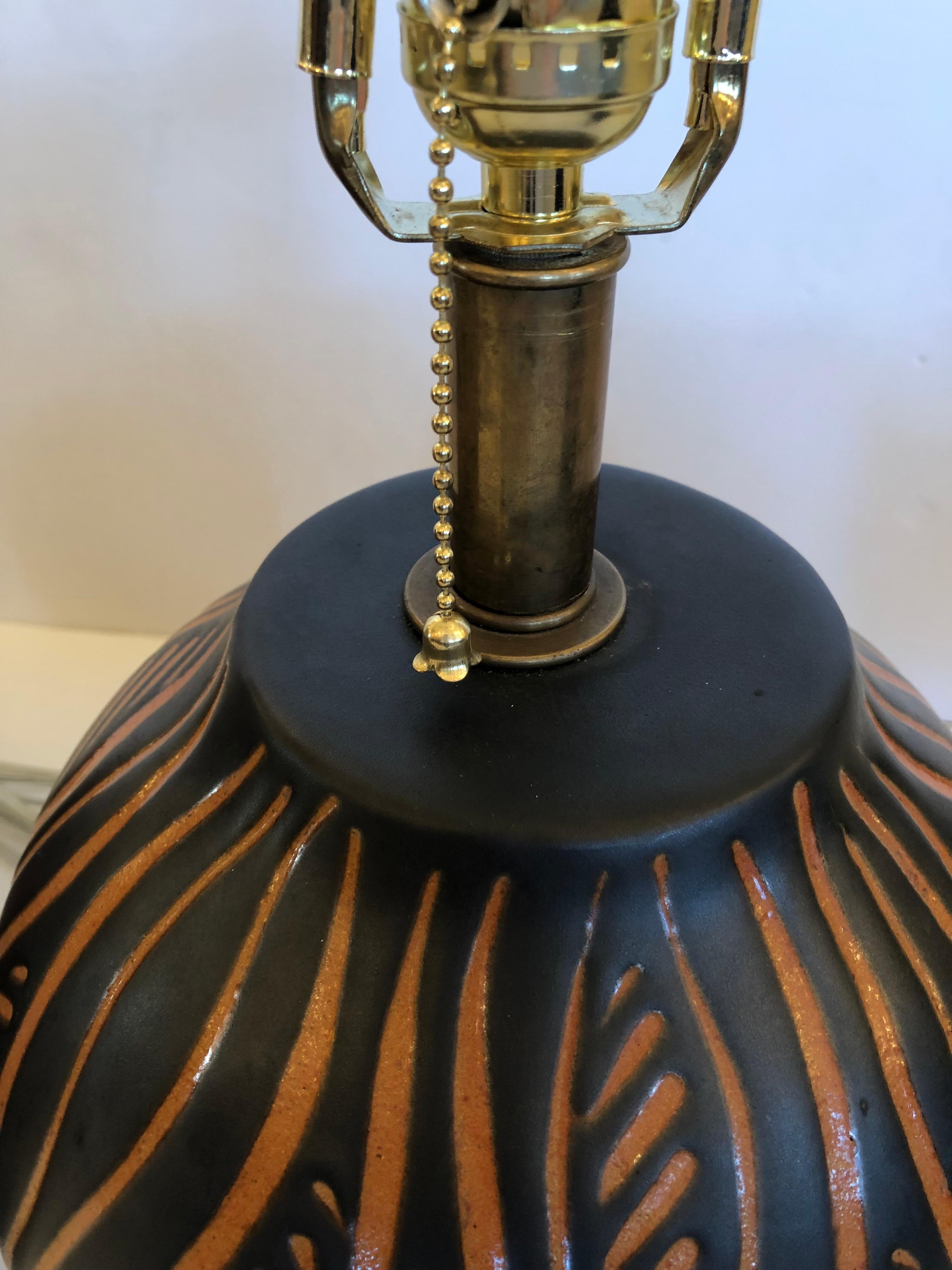Handsome Pair of Black & Orange Hand Crafted Pottery Table Lamps For Sale 2