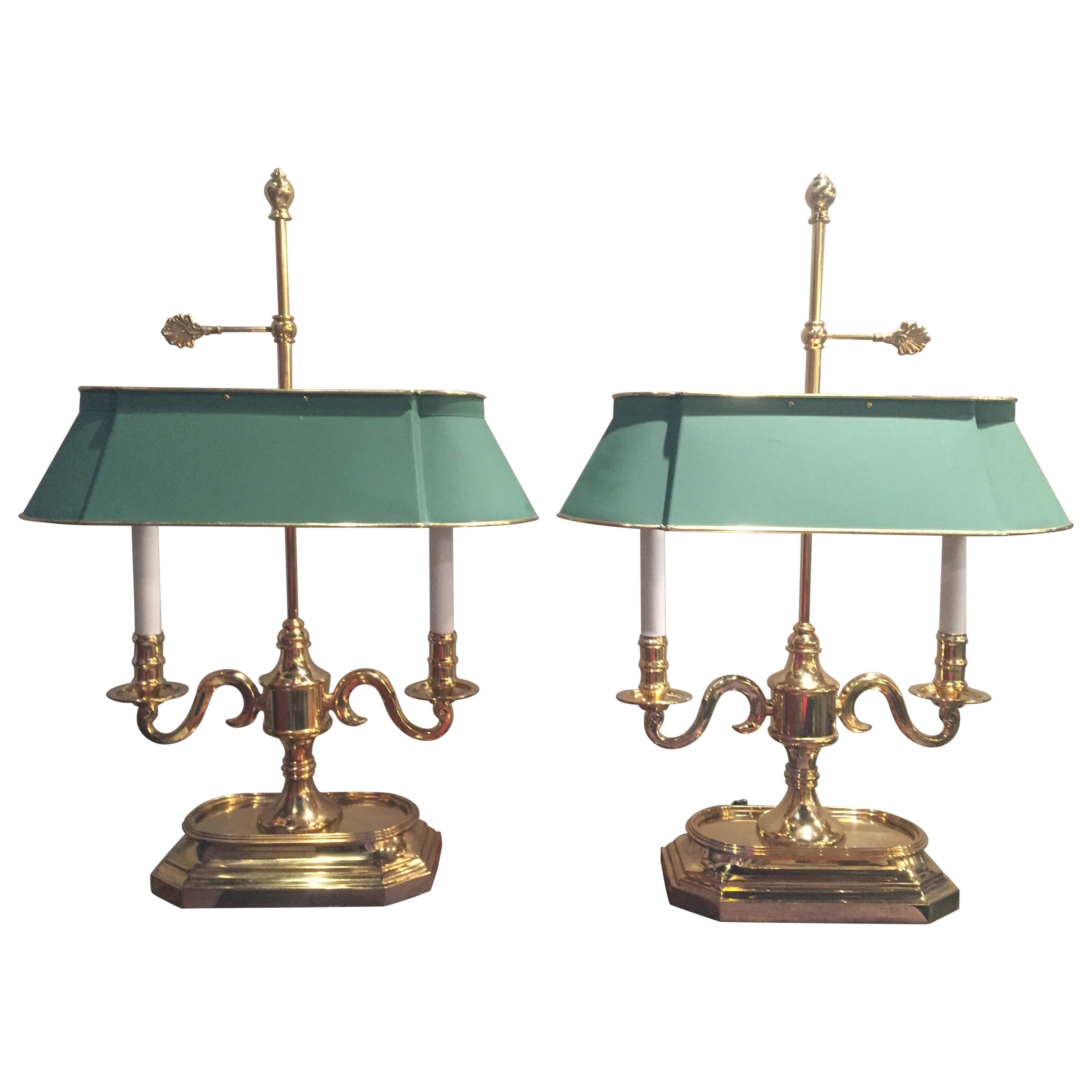 Handsome Pair of Brass Two-Arm Table Lamps with Green Metal Shades