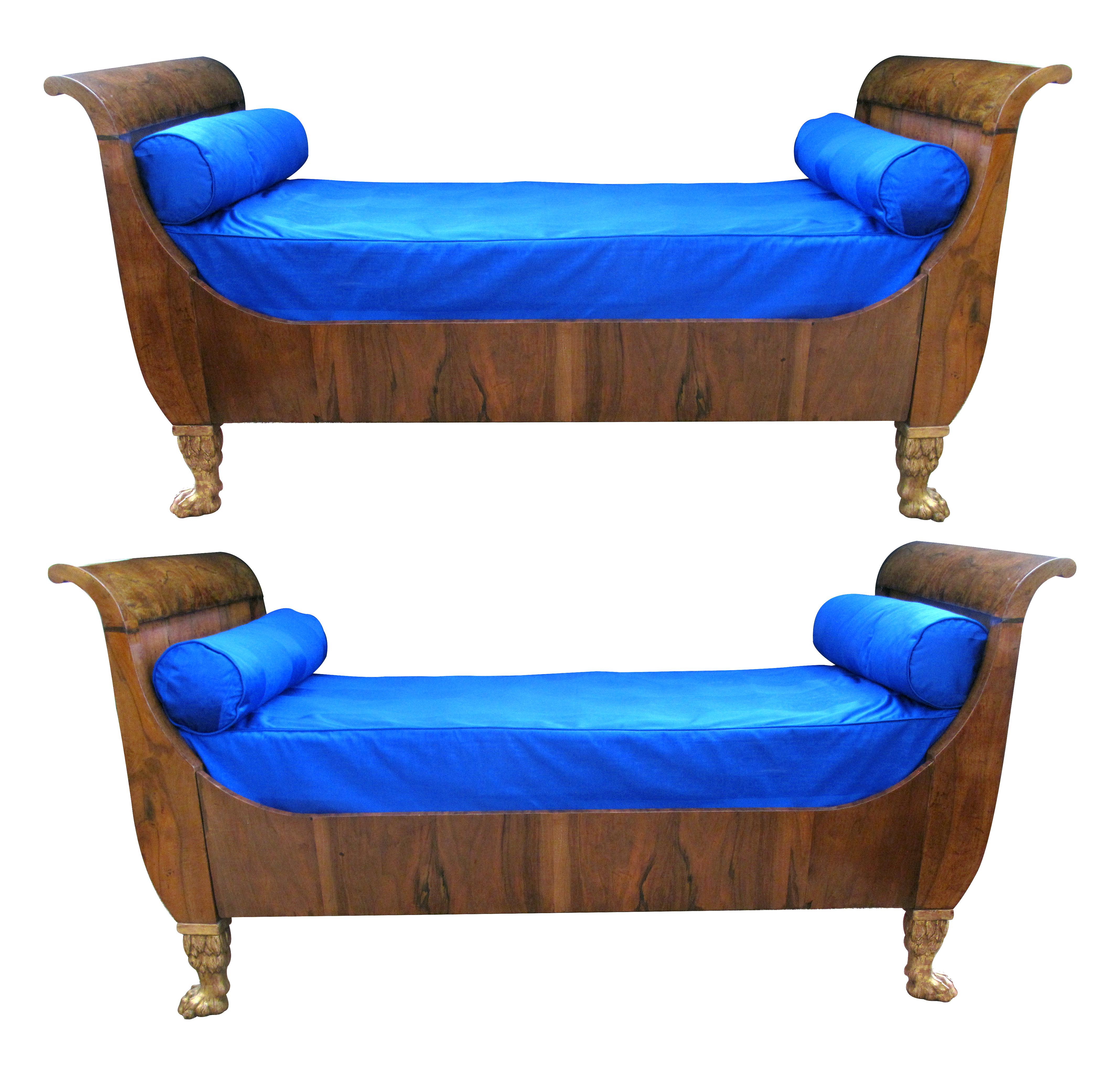 Handsome Pair of French Empire Walnut Sleigh Beds with Giltwood Hairy Paw Feet 1