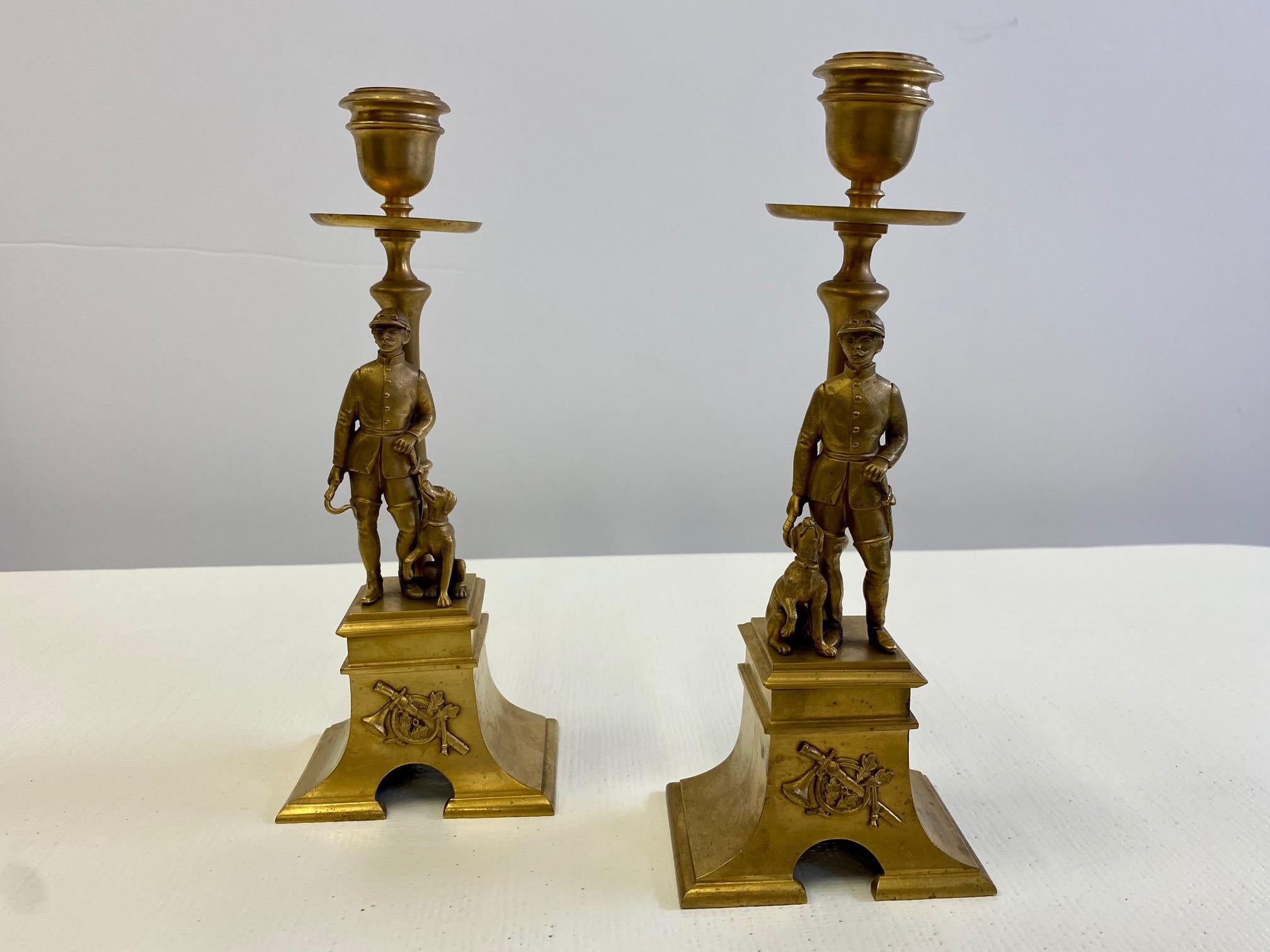 Early 20th Century Handsome Pair of French Gilt Bronze Equestrian Horseman & Hound Dog Candlesticks