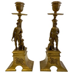 Handsome Pair of French Gilt Bronze Equestrian Horseman & Hound Dog Candlesticks