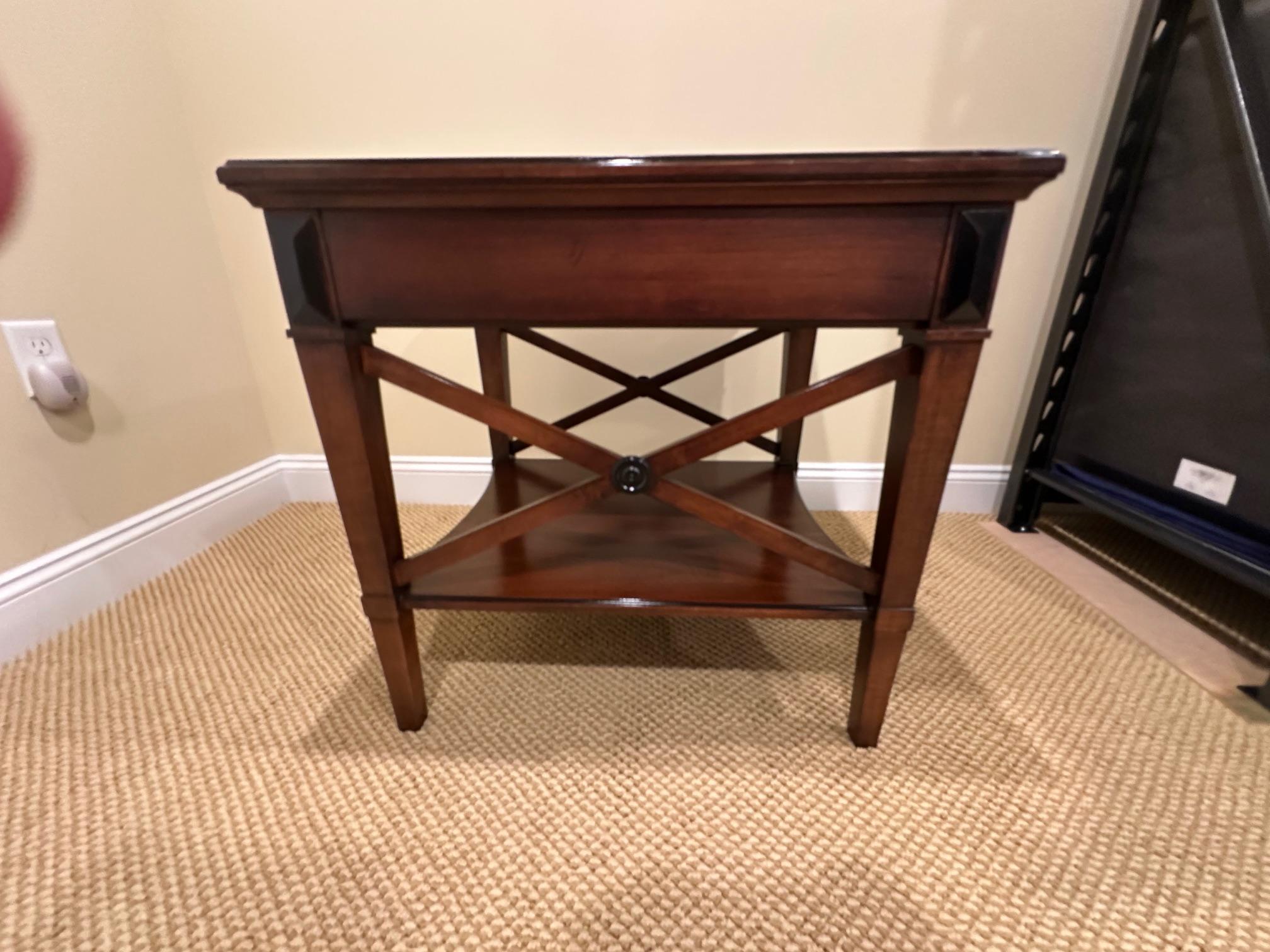 Contemporary Handsome Pair of Glossy Dark Wood End Table with Ebony Accents For Sale