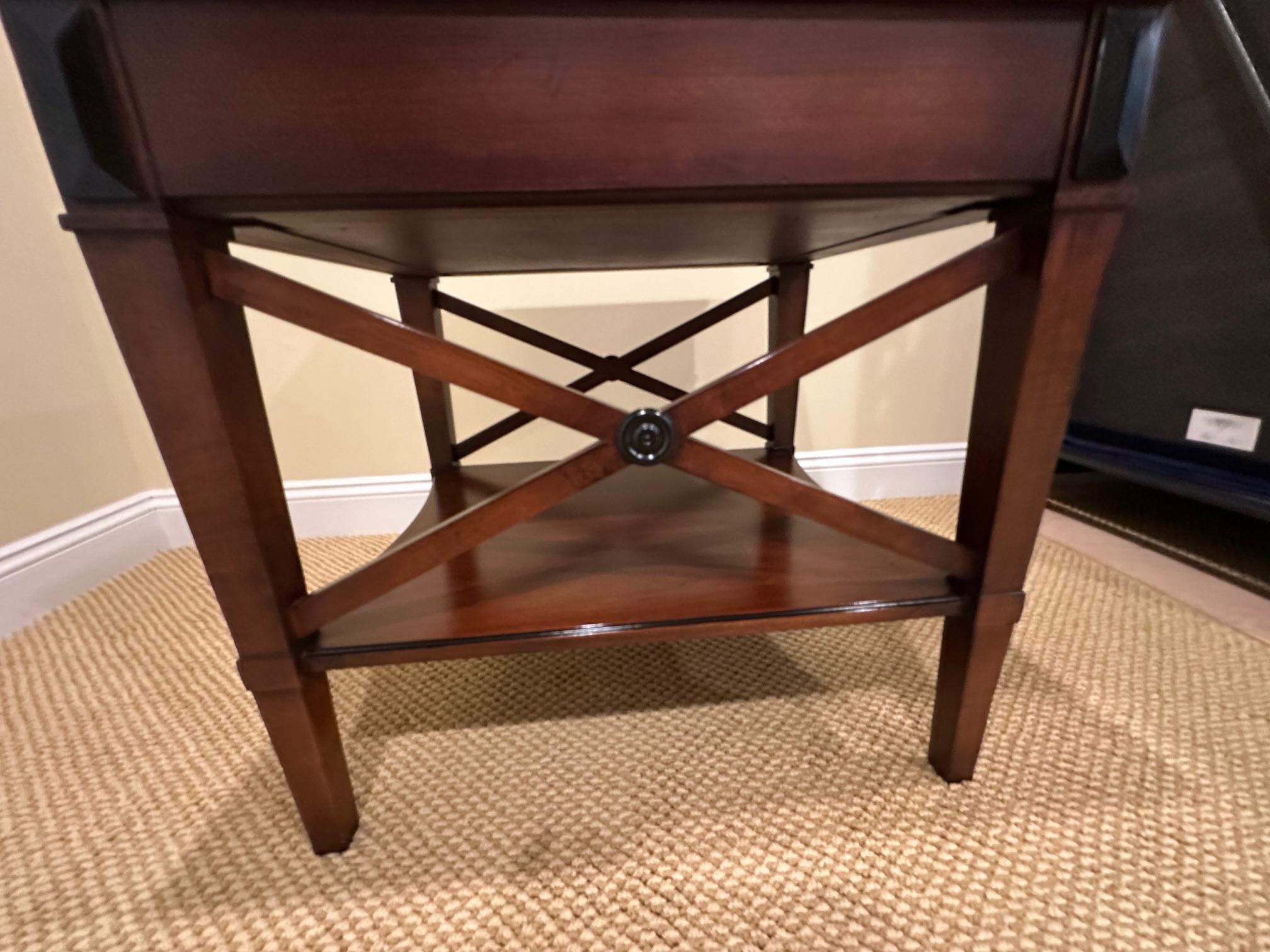 Handsome Pair of Glossy Dark Wood End Table with Ebony Accents For Sale 1