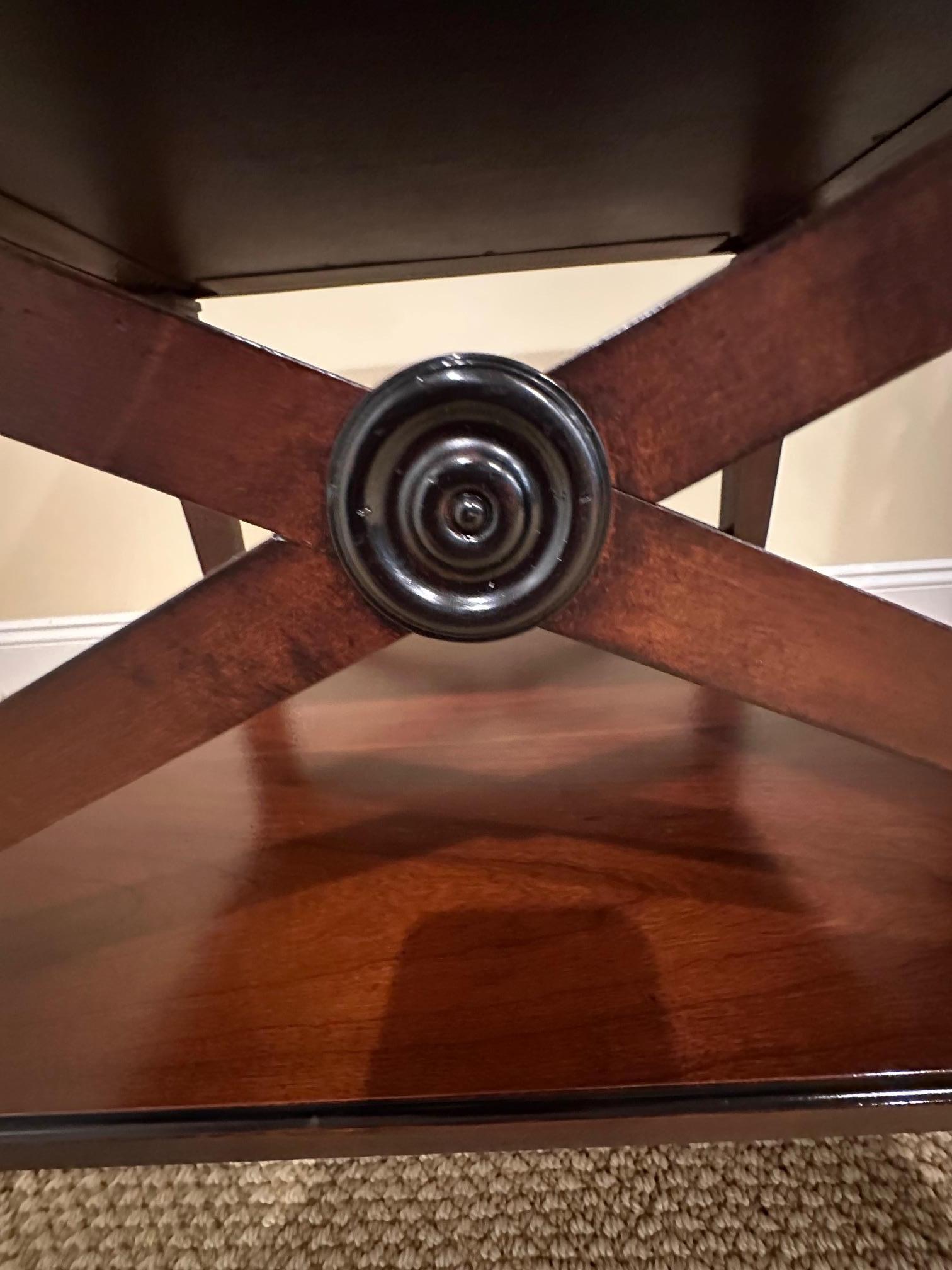 Handsome Pair of Glossy Dark Wood End Table with Ebony Accents For Sale 2