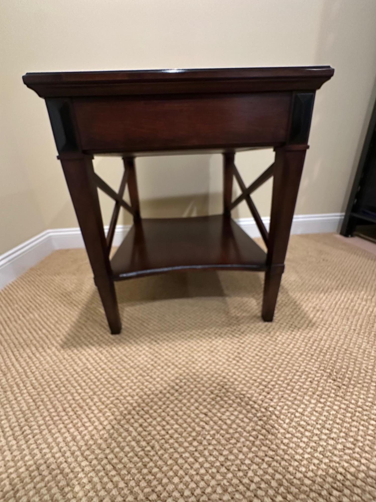 Handsome Pair of Glossy Dark Wood End Table with Ebony Accents For Sale 3