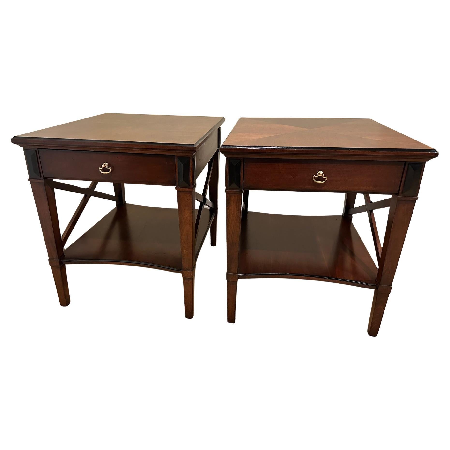 Handsome Pair of Glossy Dark Wood End Table with Ebony Accents For Sale
