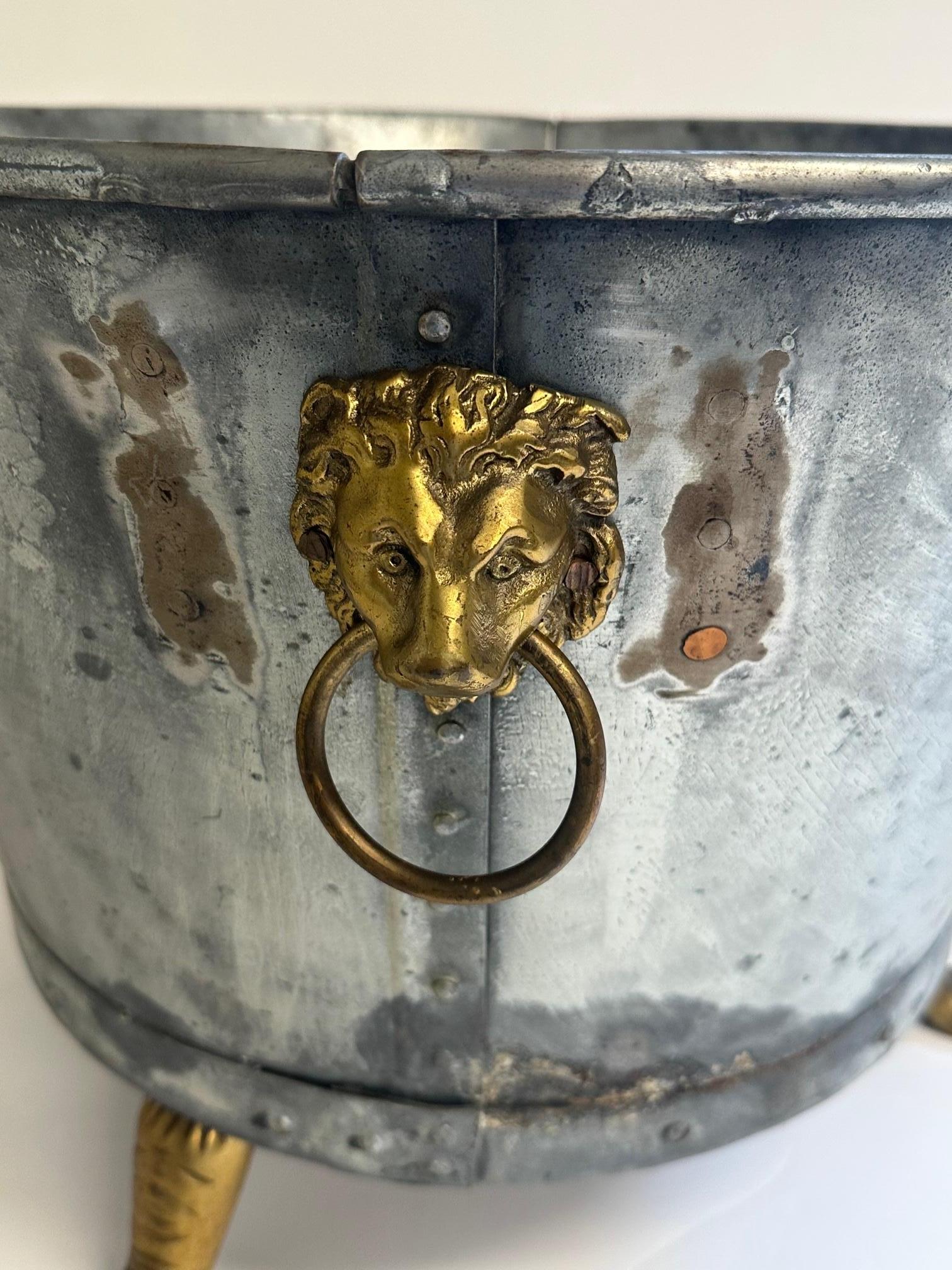Neoclassical Handsome Pair of Hand Made Galvanized Metal Planters with Lion Handles For Sale