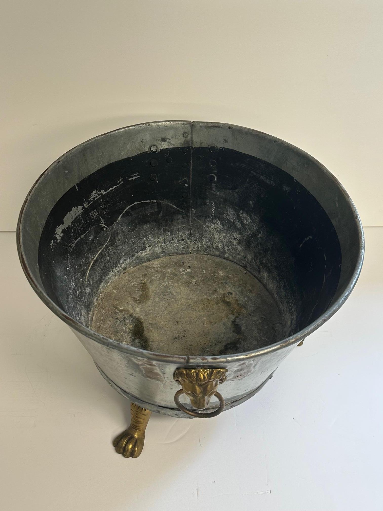 Late 20th Century Handsome Pair of Hand Made Galvanized Metal Planters with Lion Handles