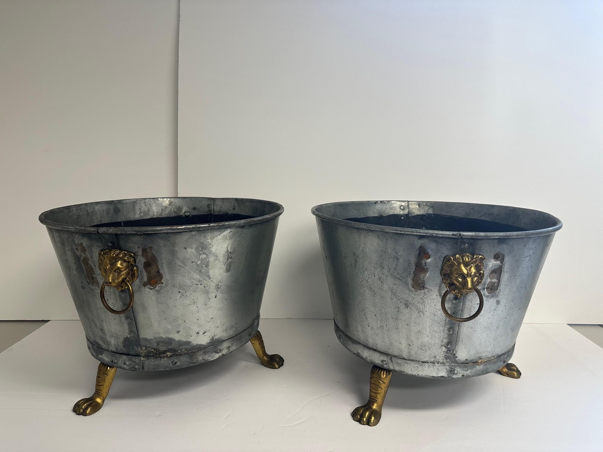 Handsome Pair of Hand Made Galvanized Metal Planters with Lion Handles For Sale 2