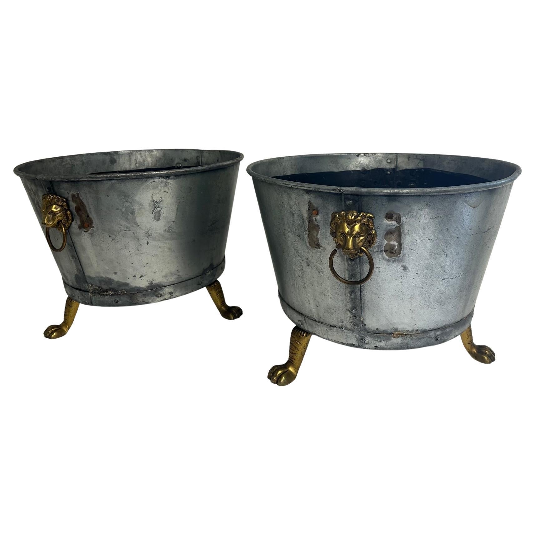 Handsome Pair of Hand Made Galvanized Metal Planters with Lion Handles For Sale