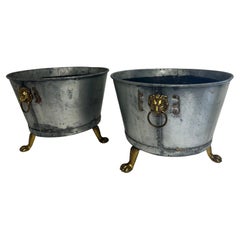Retro Handsome Pair of Hand Made Galvanized Metal Planters with Lion Handles